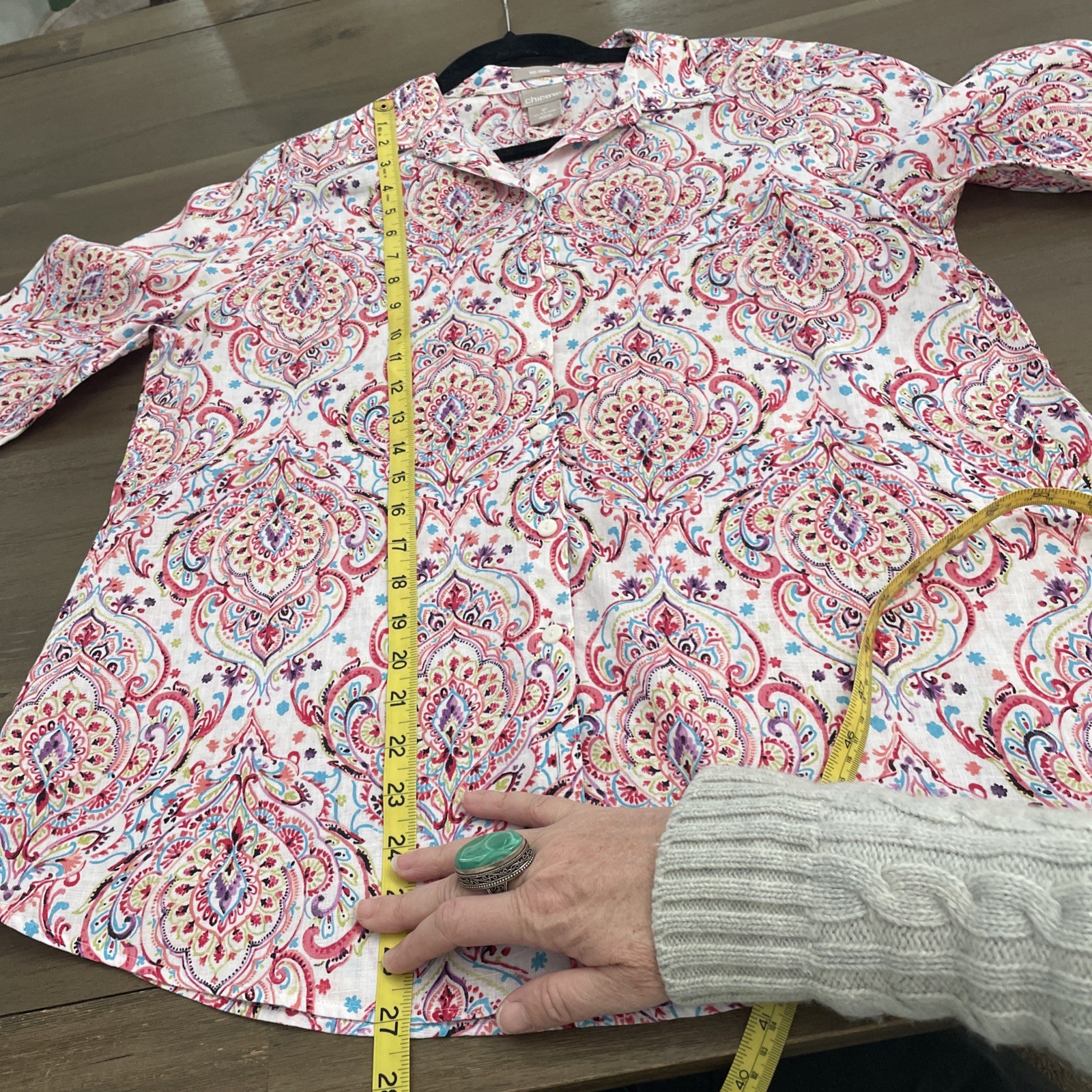 Chico’s 100% Linen Button Front Shirt-1P( US 8/10P)-no Iron-multicolored Pattern