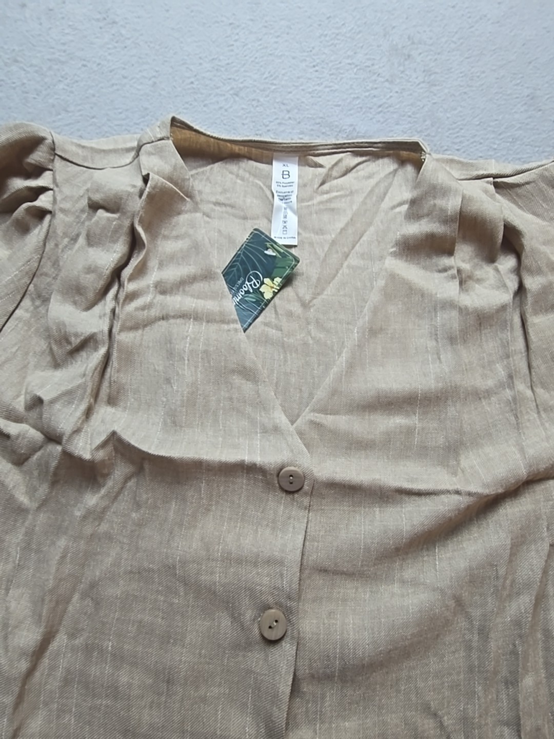 Blooming Jelly Womens XL Casual Blouse Puff Short Sleeve Button Down Shirt Beige