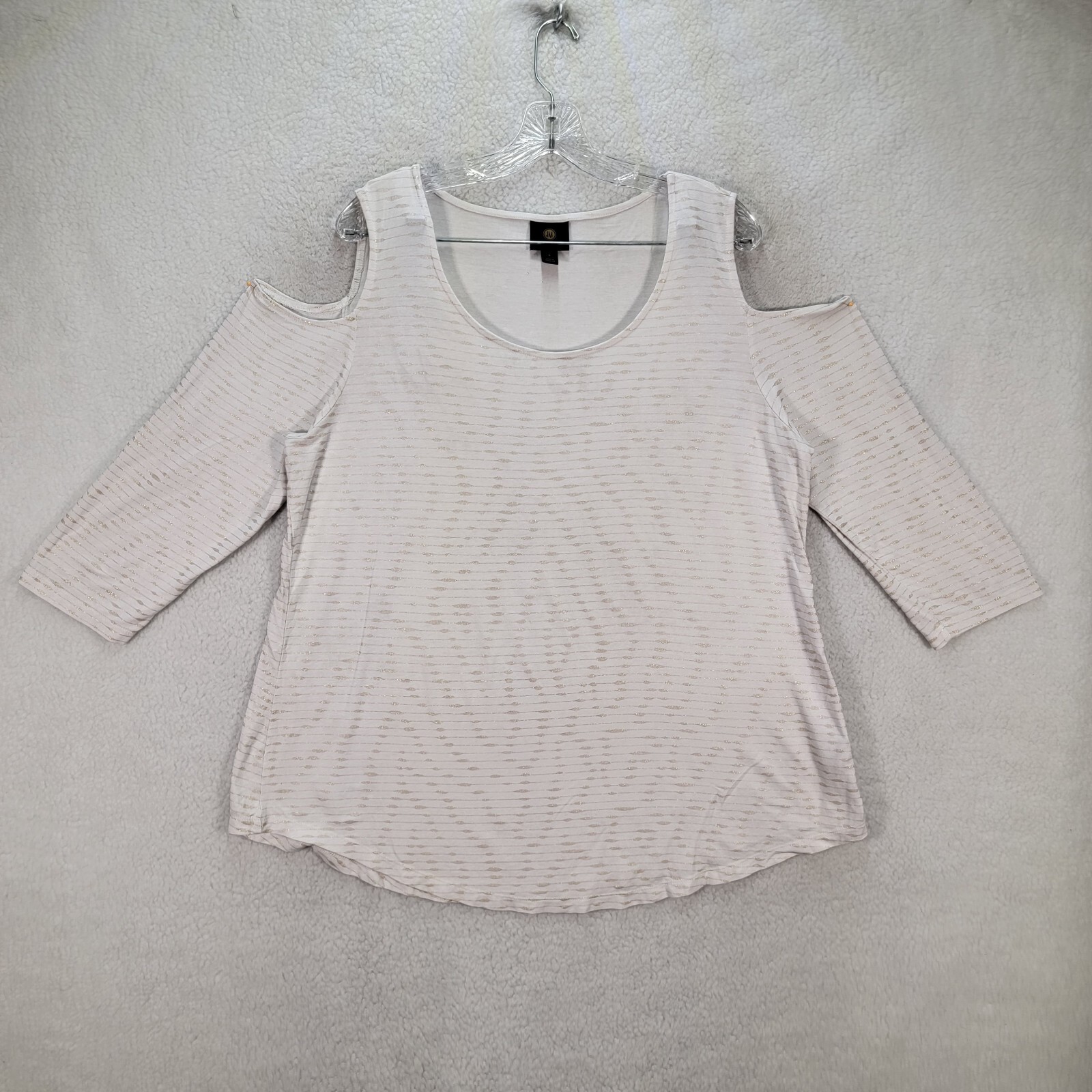JM Collection Womens Top Size L White Striped Stretch Knit Cold Shoulder Blouse