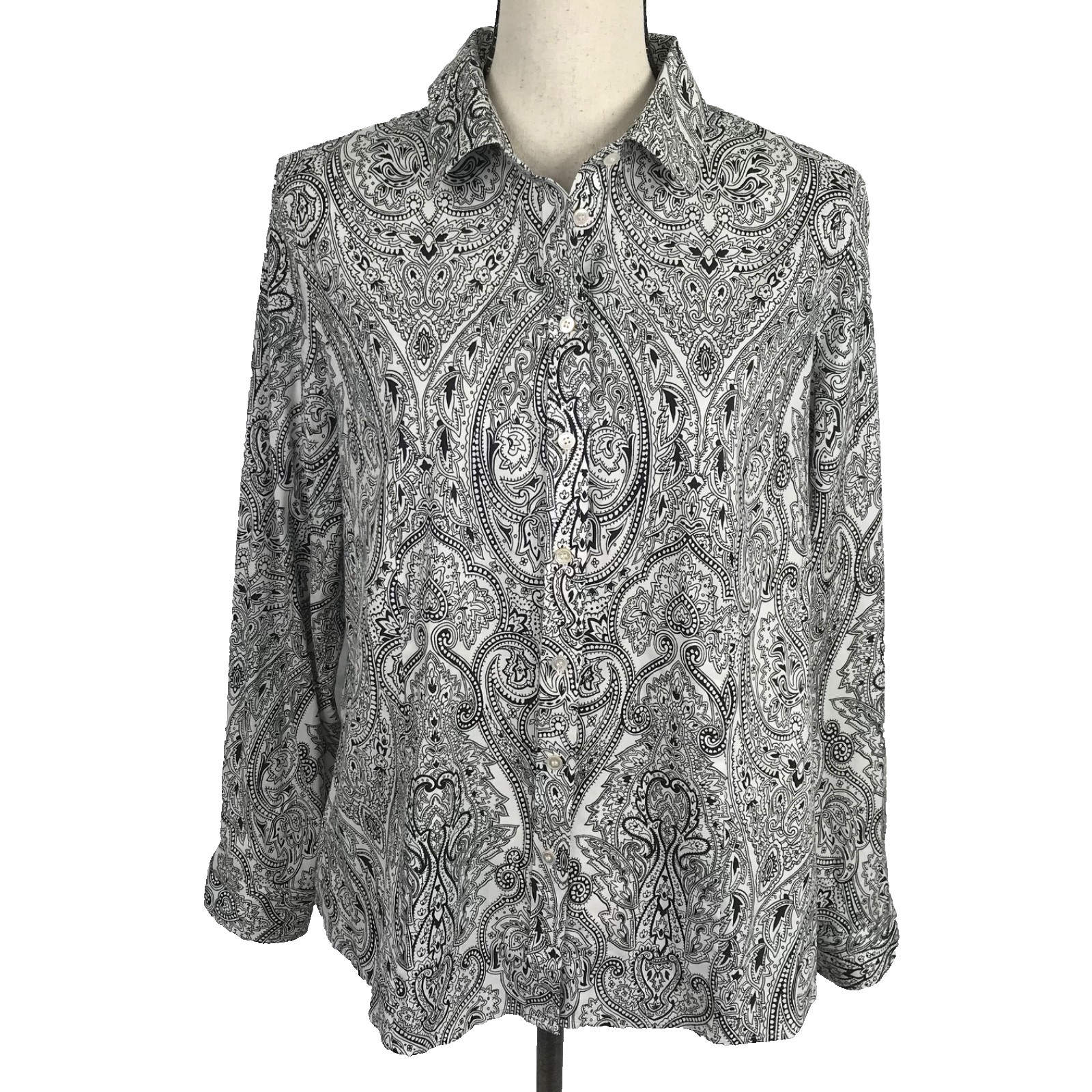 Talbots Wrinkle Resistant Button Up Shirt Size 14 Petite Black White Paisley