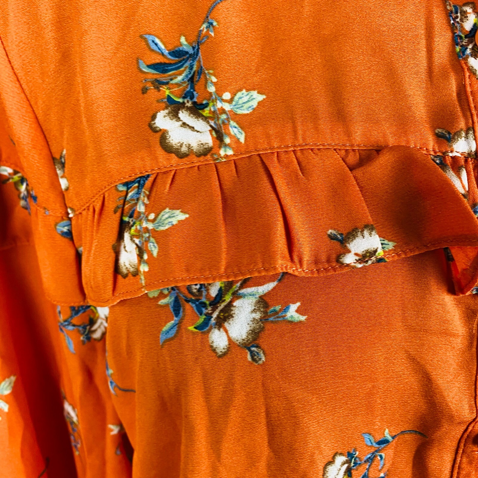 Timing Womens Medium M Polyester Orange Floral Long Sleeve Button Front Shirt