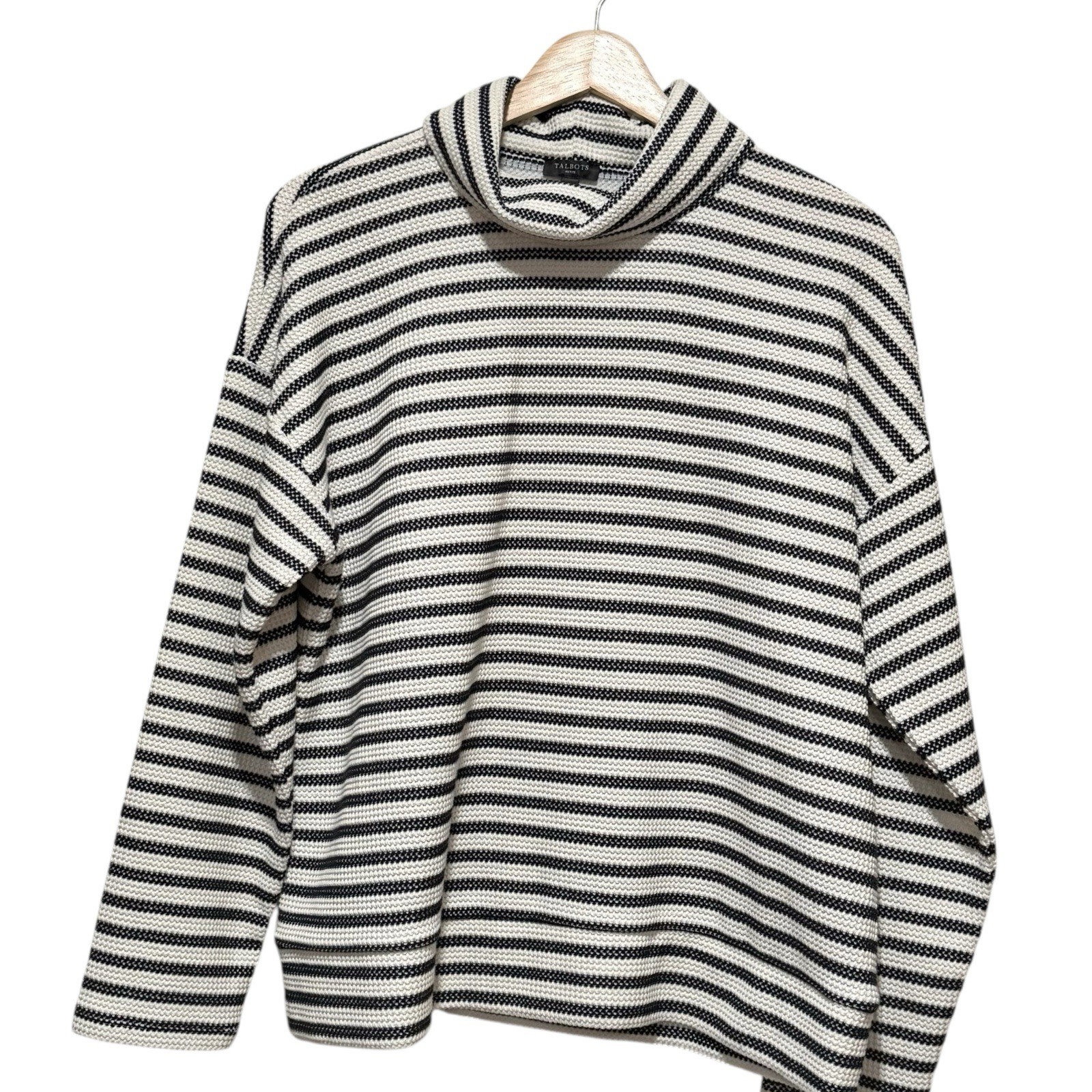 Talbots Size Large Petite Waffle Knit Ivory Black Striped Turtleneck Top