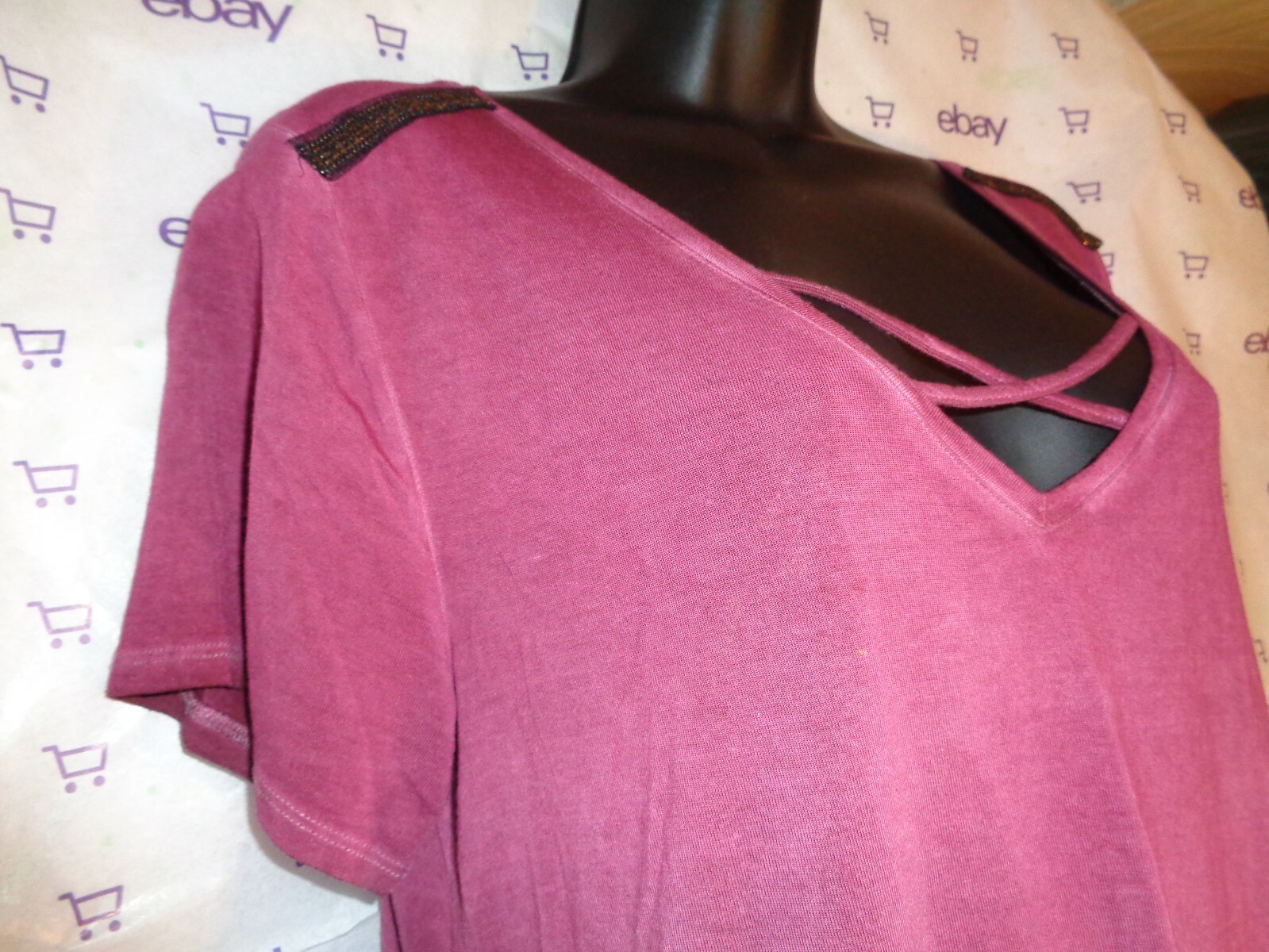 New $68 Seven7 embellished shoulder small blouse taper bottom strap v neck top