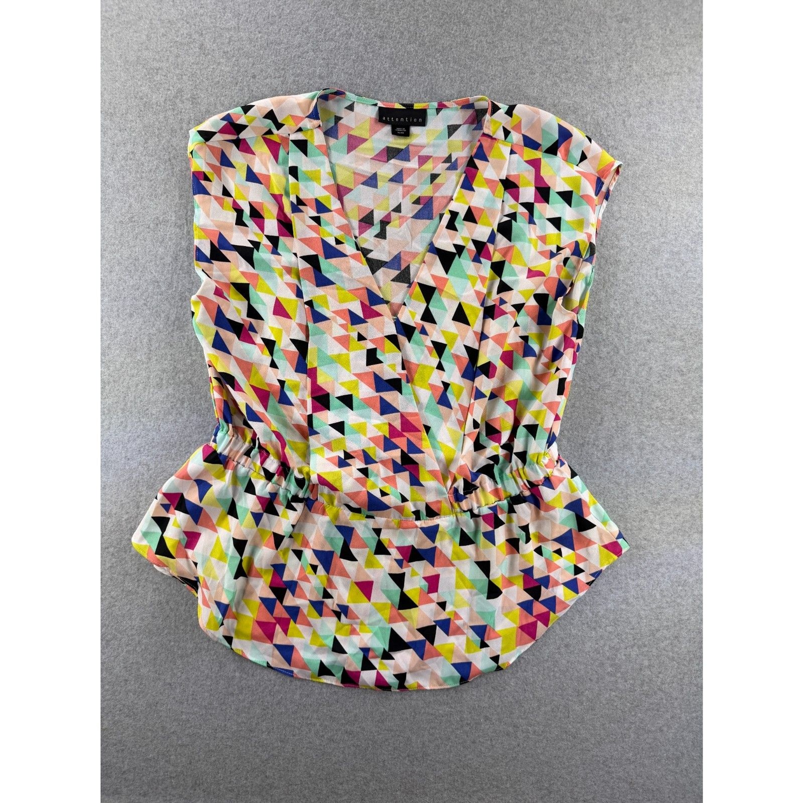 Attention Geometric Print Faux Wrap Peplum Blouse Women’s XL Cap Sleeve