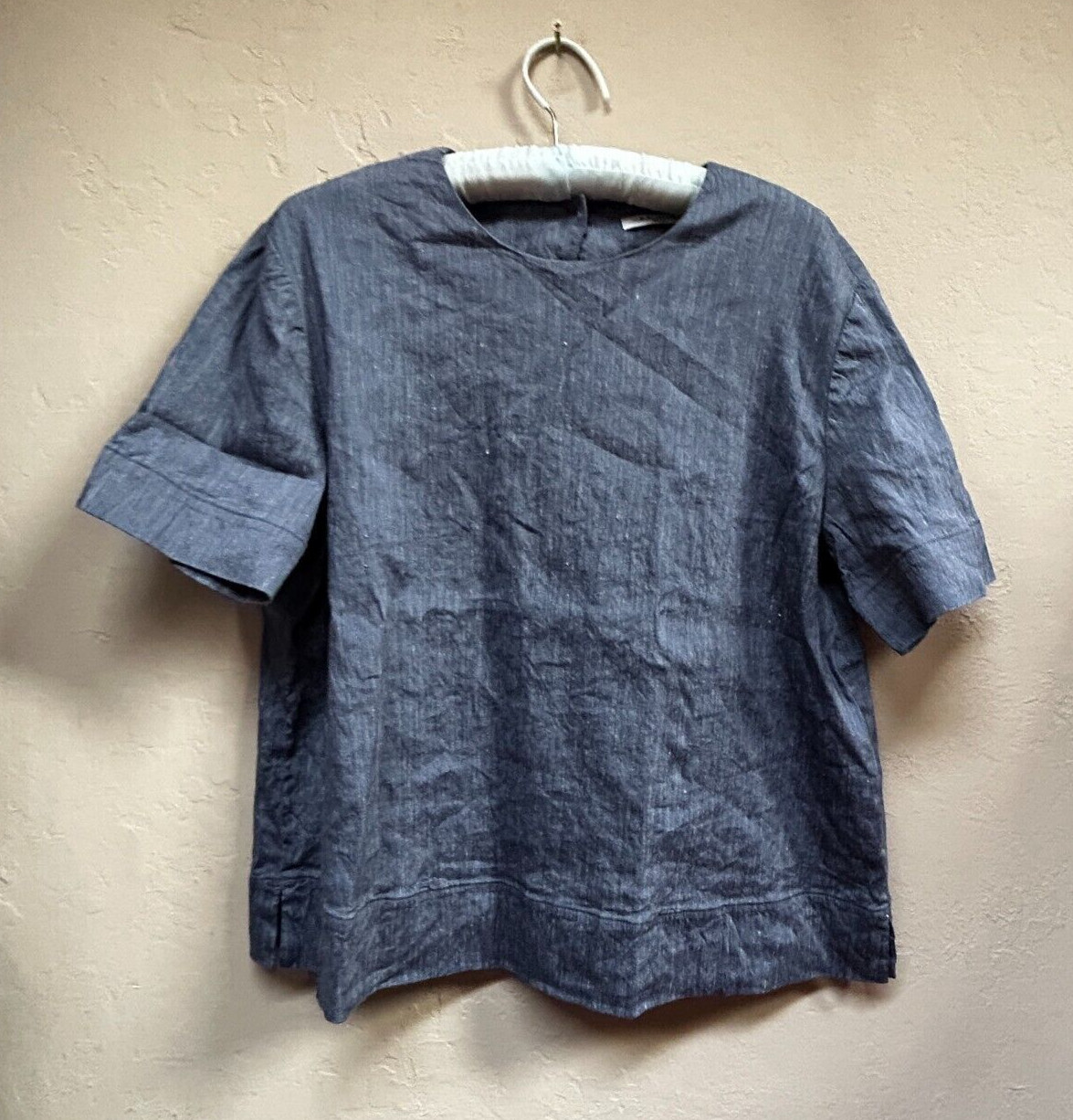 M.M. Lafleur Linen Blend Short Sleeve Classic Designer Blouse Top Large Blue