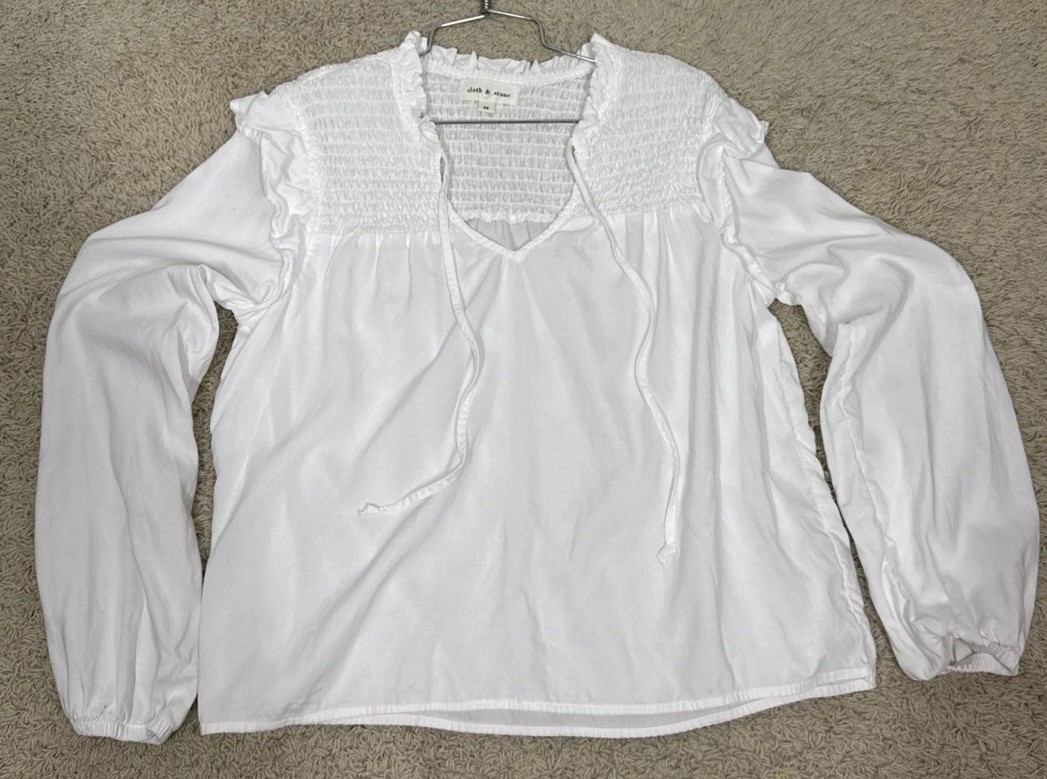 Cloth & Stone White Tencel Long Sleeve Smocked Peasant Blouse Women’s M Coastal