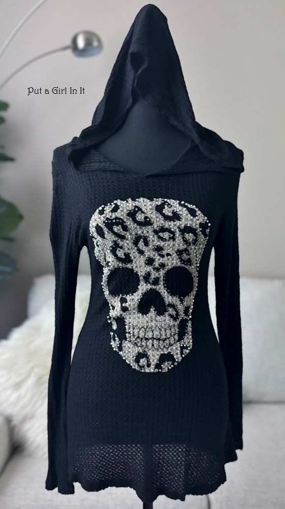 USA New VOCAL Womens CRYSTAL BLACK SUGAR SKULL HOODIE LONG SLEEVE SHIRT S Small