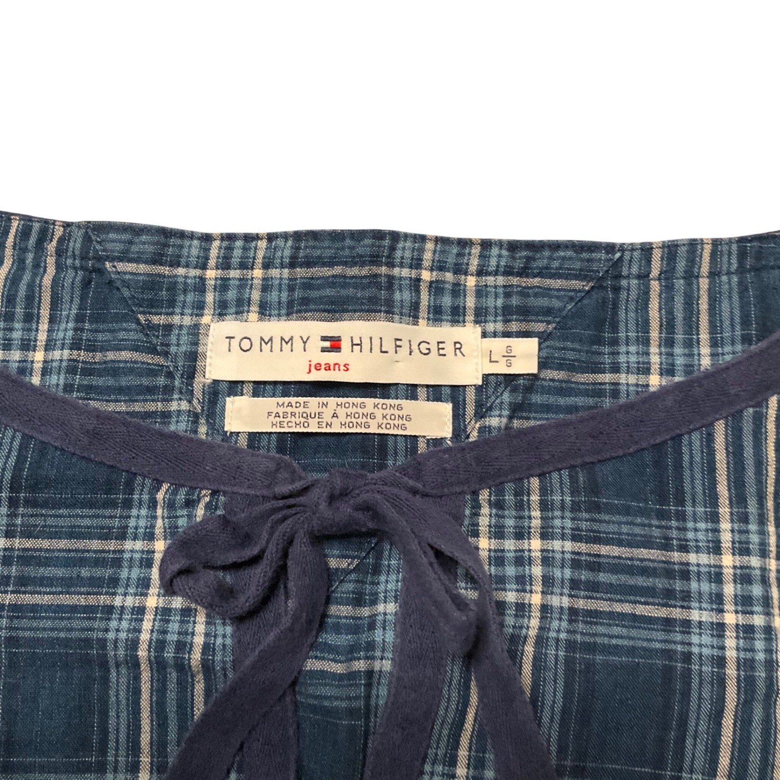 Vintage Y2K Tommy Hilfiger Plaid Top Womens Large Blue Empire Waist Tie Front