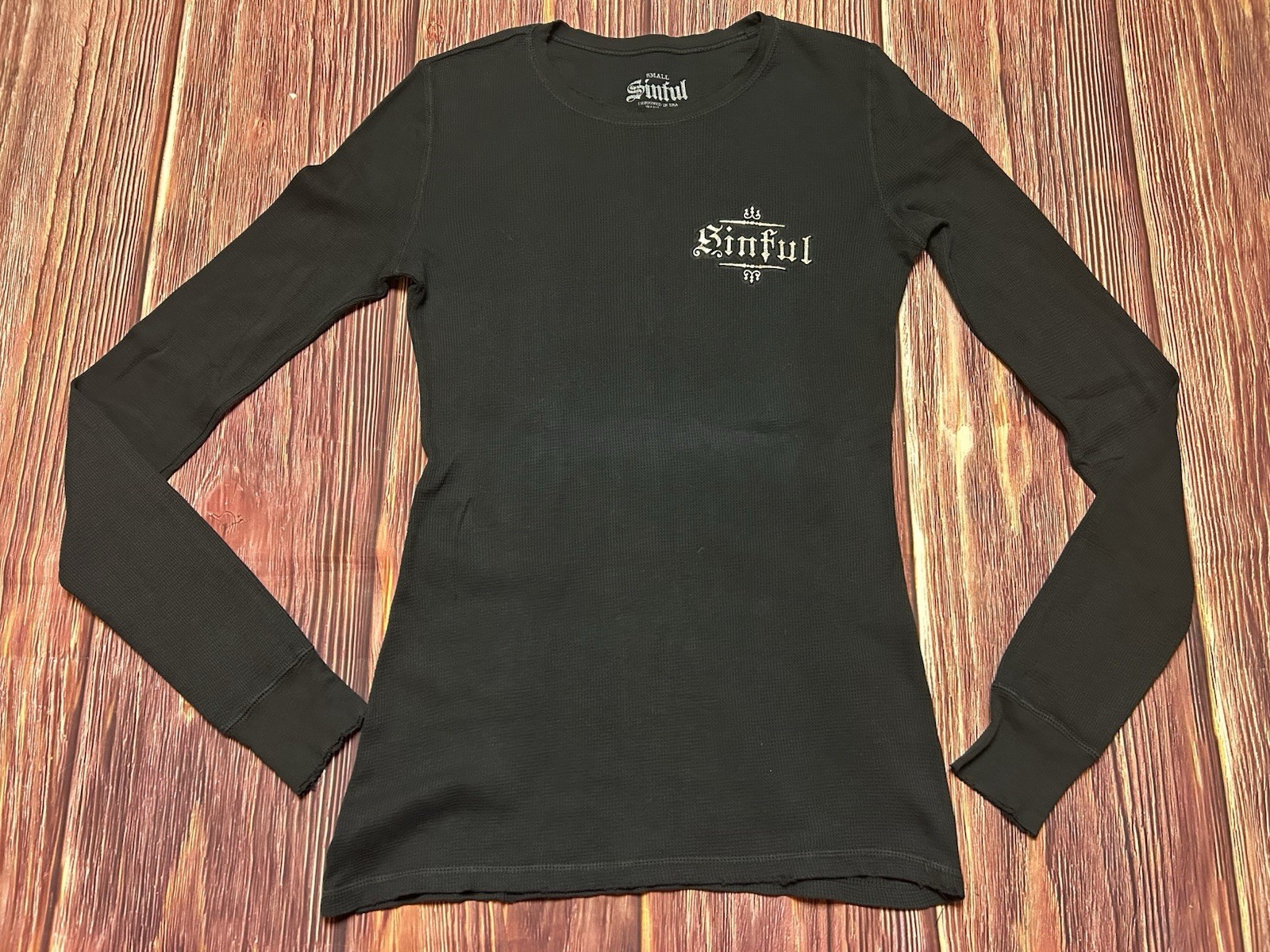 Sinful Womens Small Black Thermal Long Sleeve Angel wings Waffle Knit USA Top