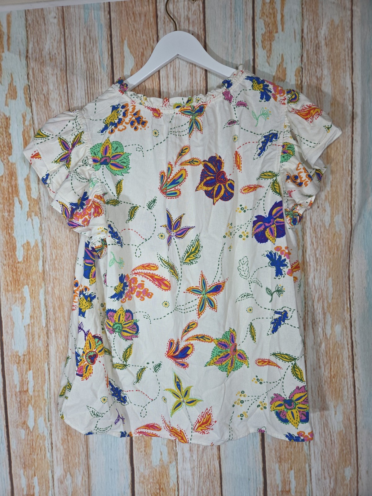 Sugarlips Cream Multicolor Floral Ruffle Flutter Short Sleeve V-Neck Blouse 1X