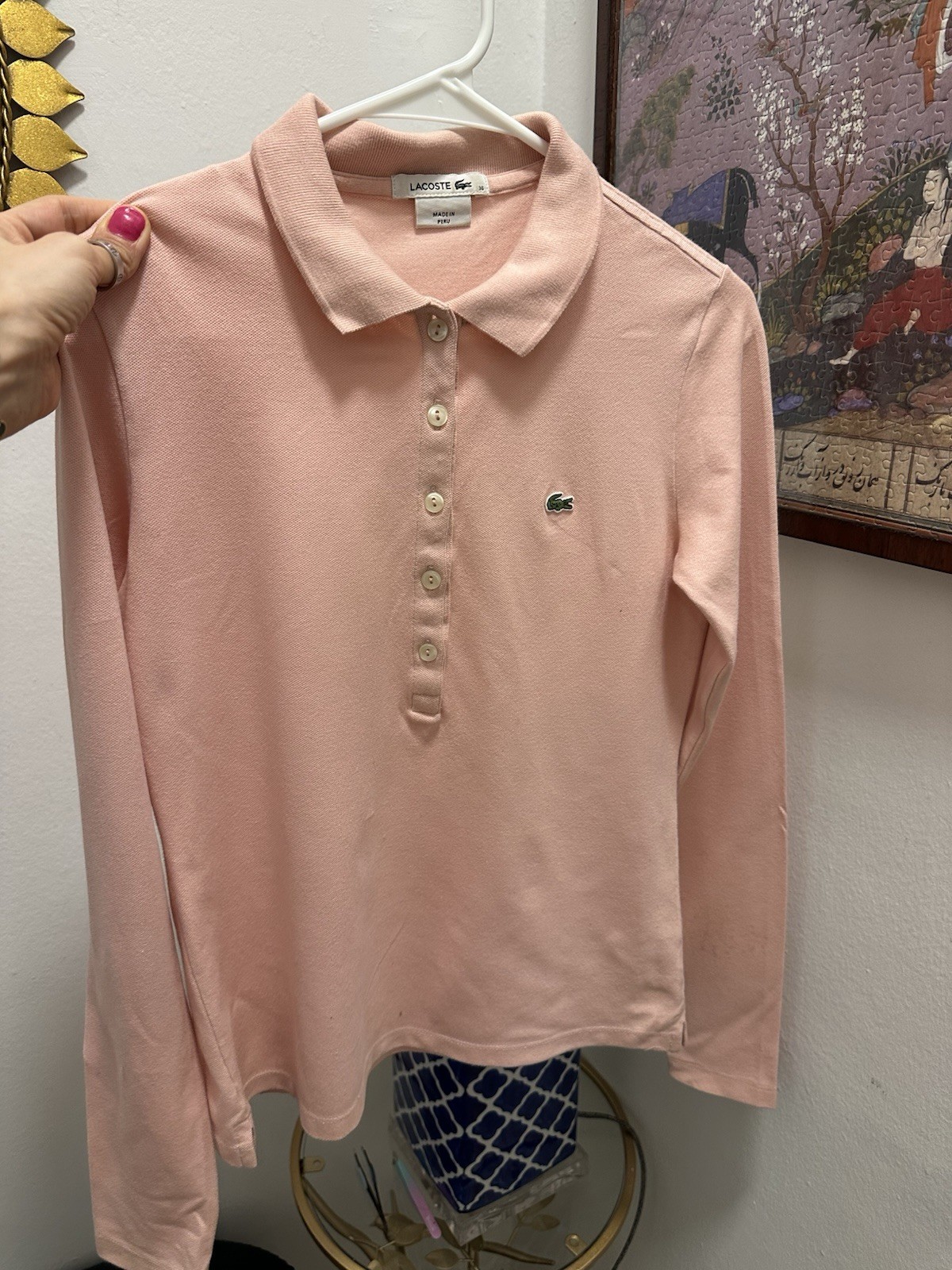 Lacoste Women’s Pink Long Sleeve Polo Shirt Stretch Knit Logo Button Size 36