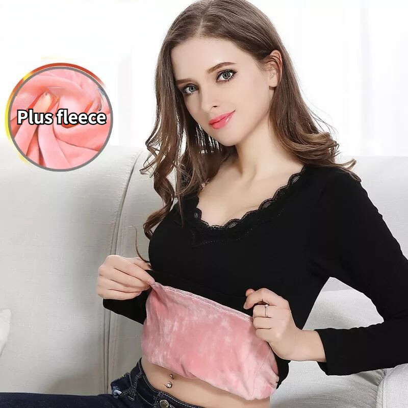 Lady Thick Shirts Thermal Underwear Lace V-Neck Fleece Lined Bottoming Tops Warm