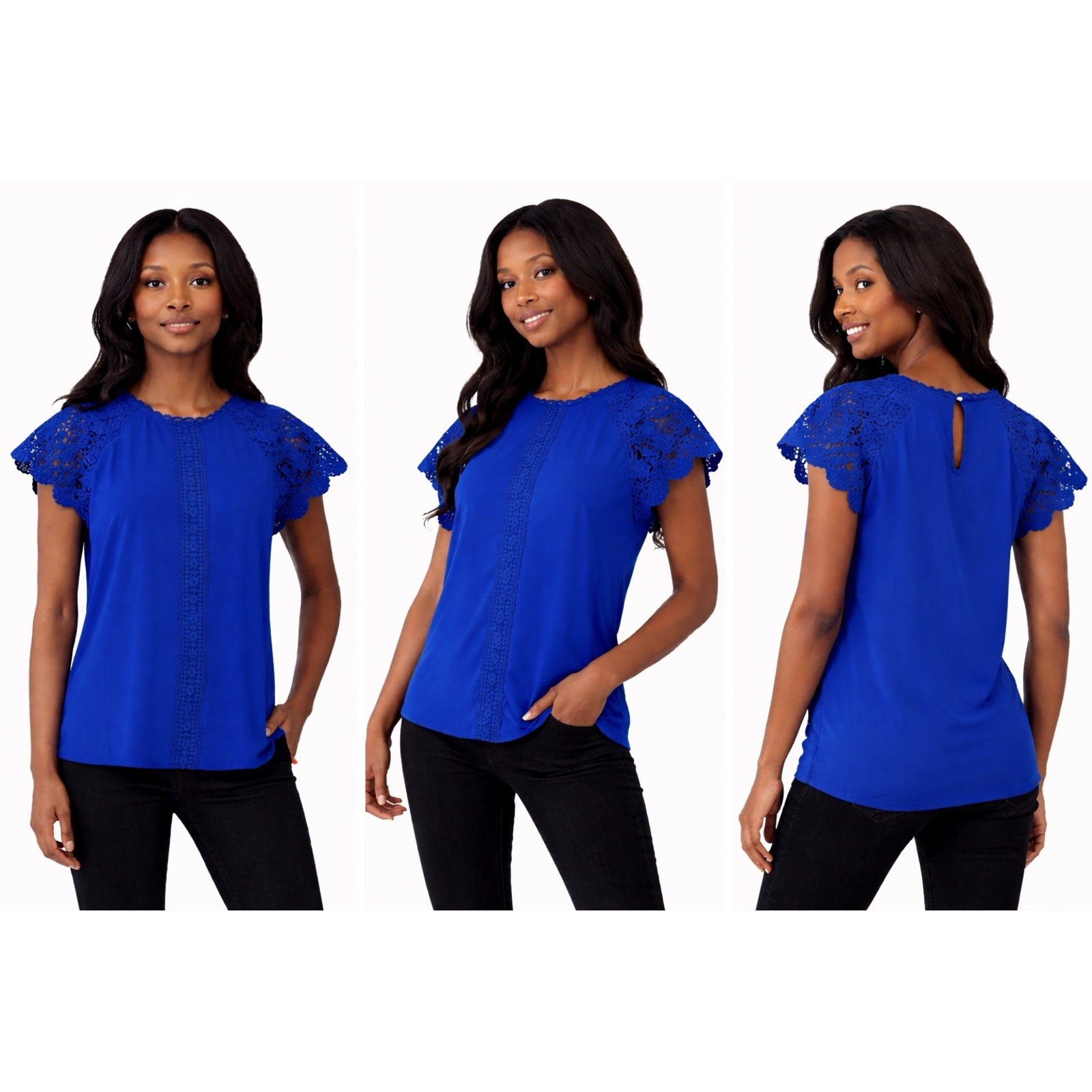Cable & Gauge Lace Flutter Sleeve Blouse Women S Blue NWT
