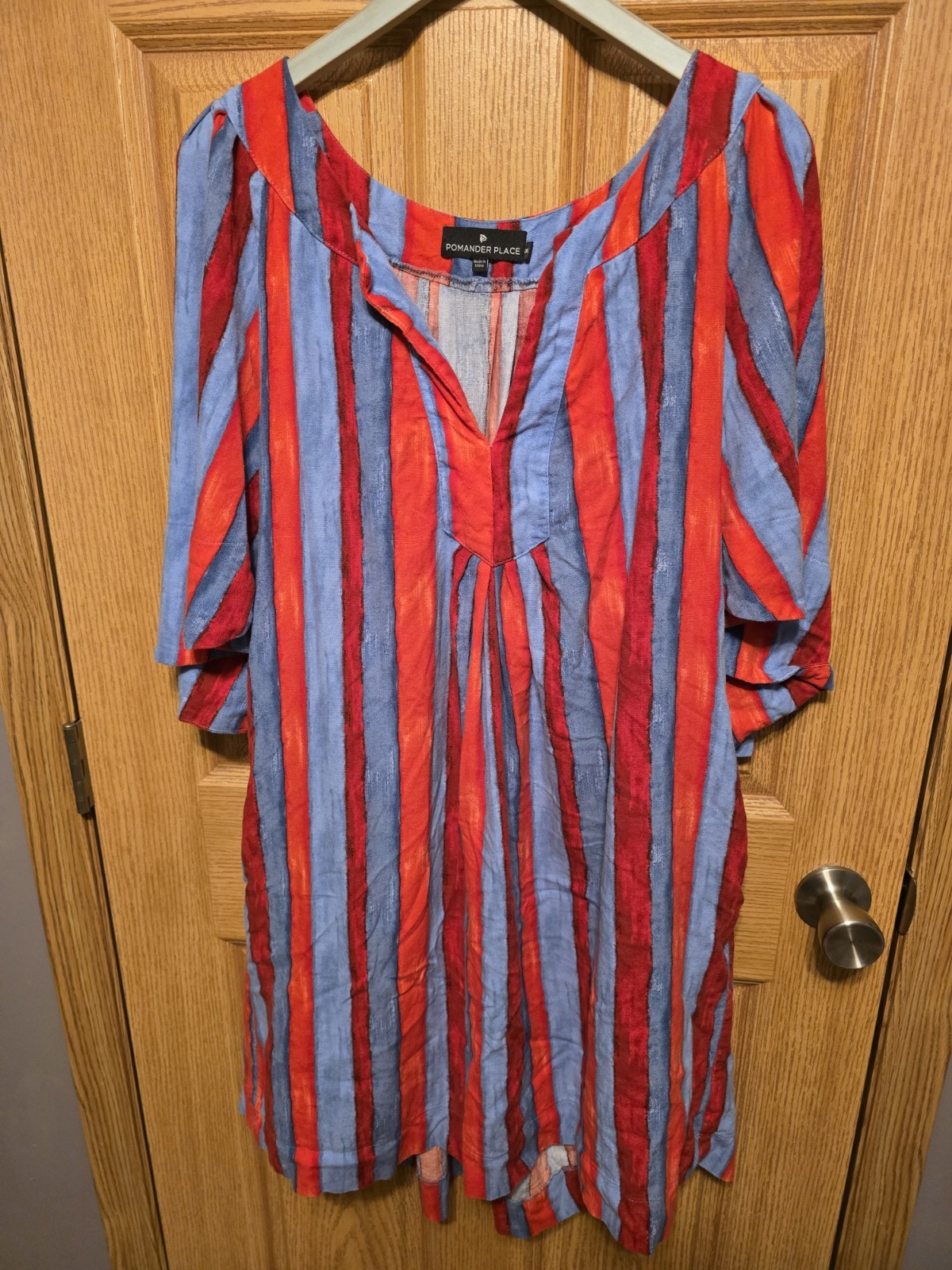 Pomander Place Women’s Red/Blue Striped V-Neck 3/4 Sleeve Tunic Blouse XL