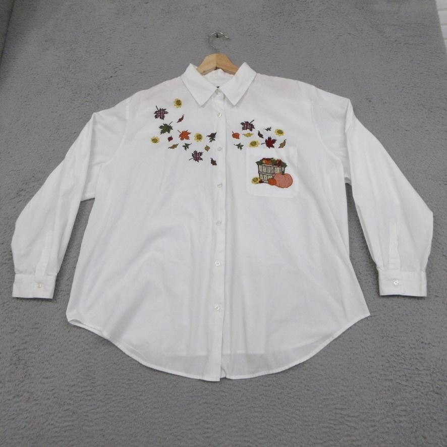 Karen Scott II Fall Harvest Pumpkin Embroidered Shirt Women 2X White Grandmacore