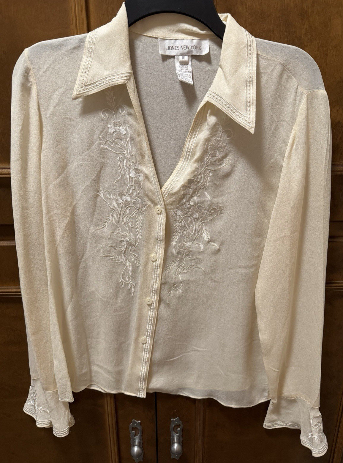 VTG 90s Jones New York Ivory Creme 100% Silk Long Sleeve Blouse Sz 10 Sheer Y2K