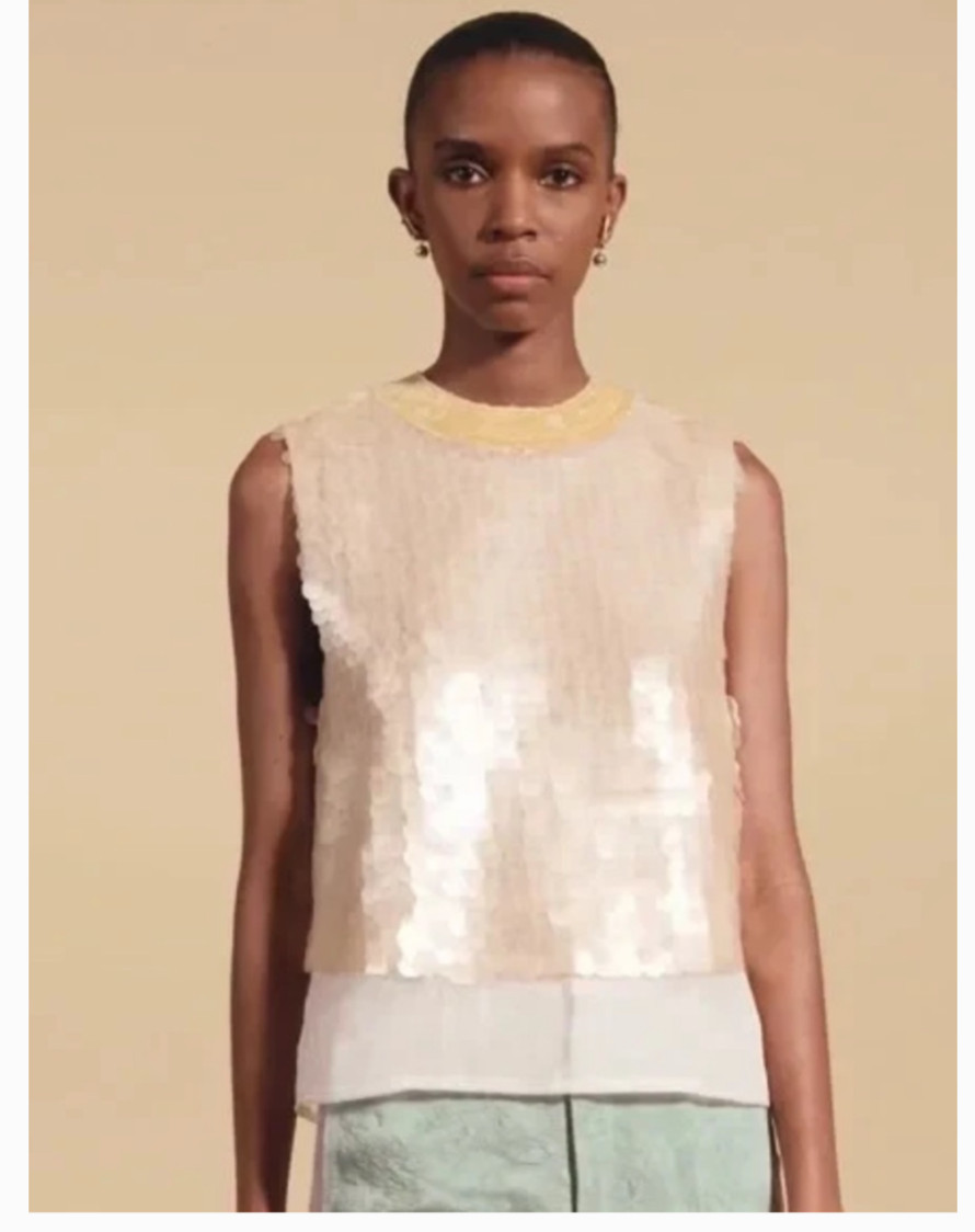 Zara Sleeveless Limited Edition Oyster-Cream Gause Gold Silk Sequin Top Blouse S