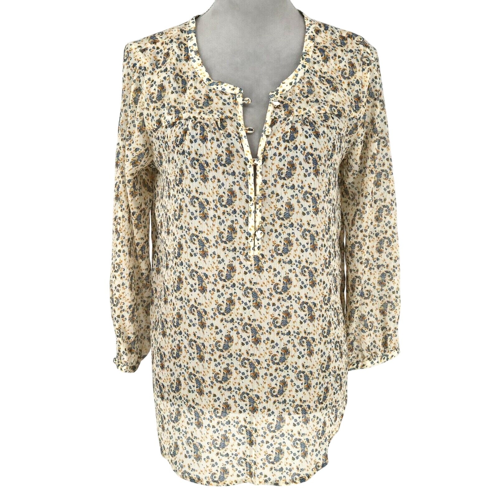 Lucky Brand Top Womens Medium Beige Blue Floral Sheer Chiffon Blouse Whimsy