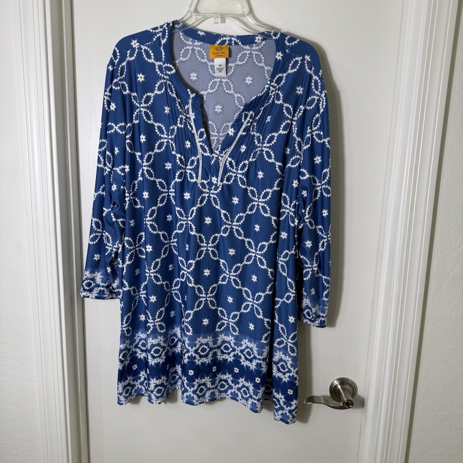 Ruby Rd 3X Plus 3X Blue With White Pattern 3/4 Sleeve