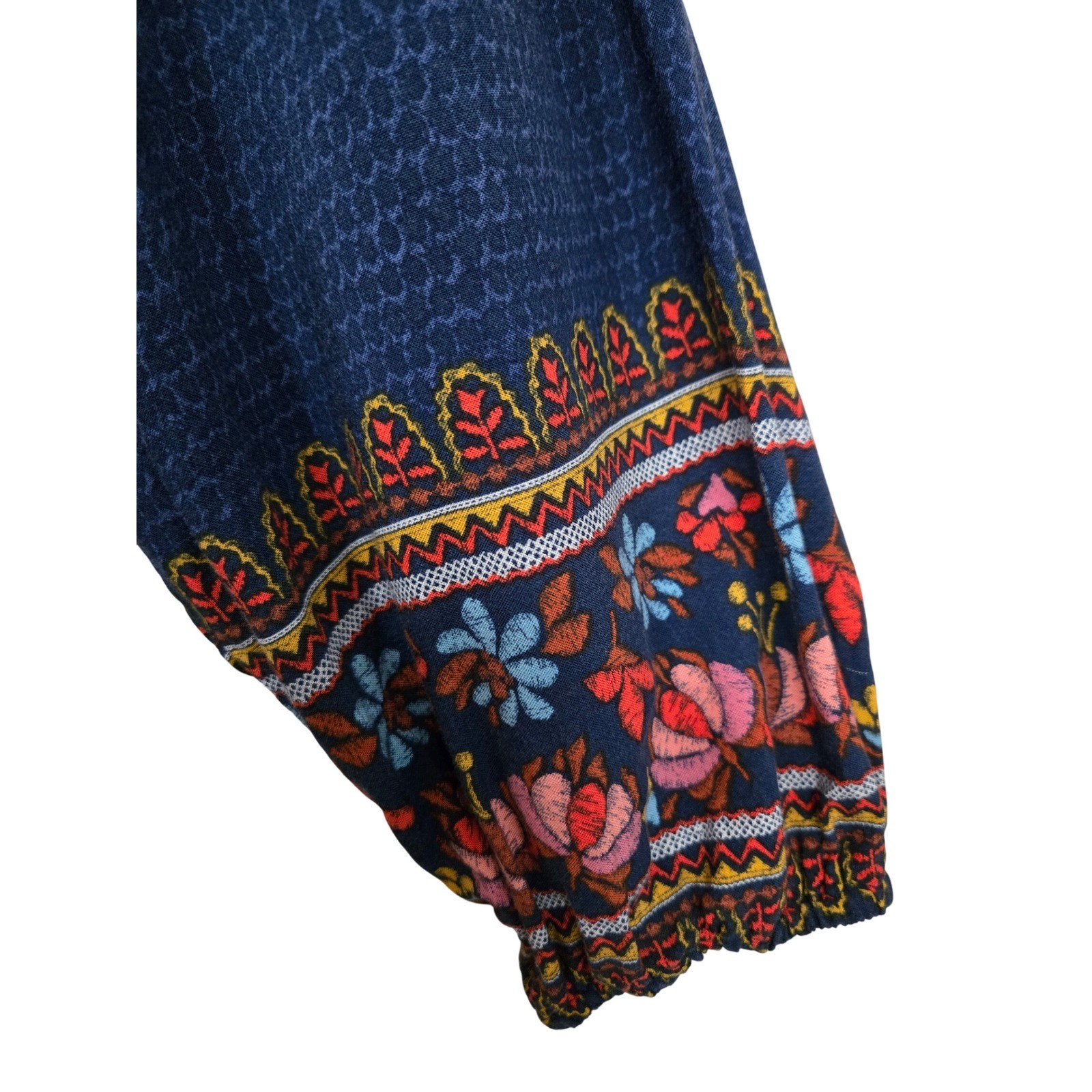 Signature Studio Boho Gypsy Blue Floral Embroidered Tassel Peasant Blouse XL
