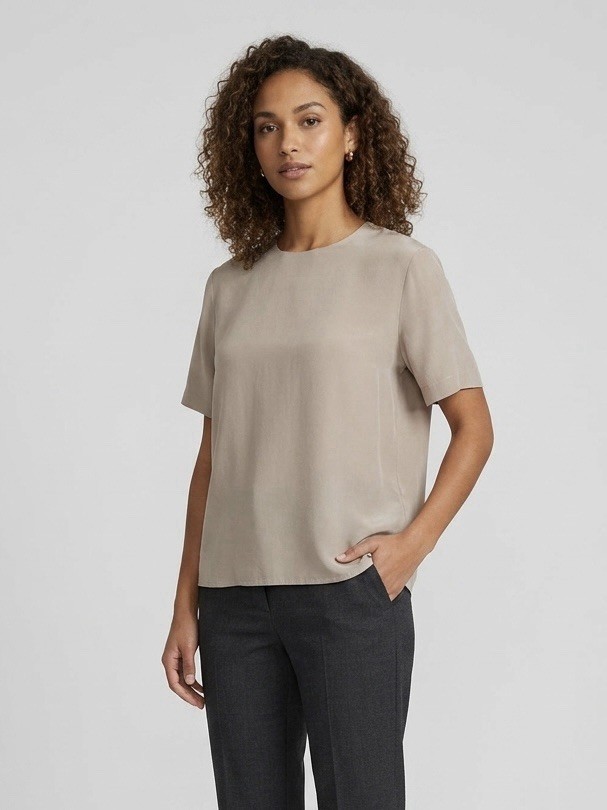 Alexandria Beige Silk Satin Solid Crew Neck Short Sleeve Pullover Blouse M