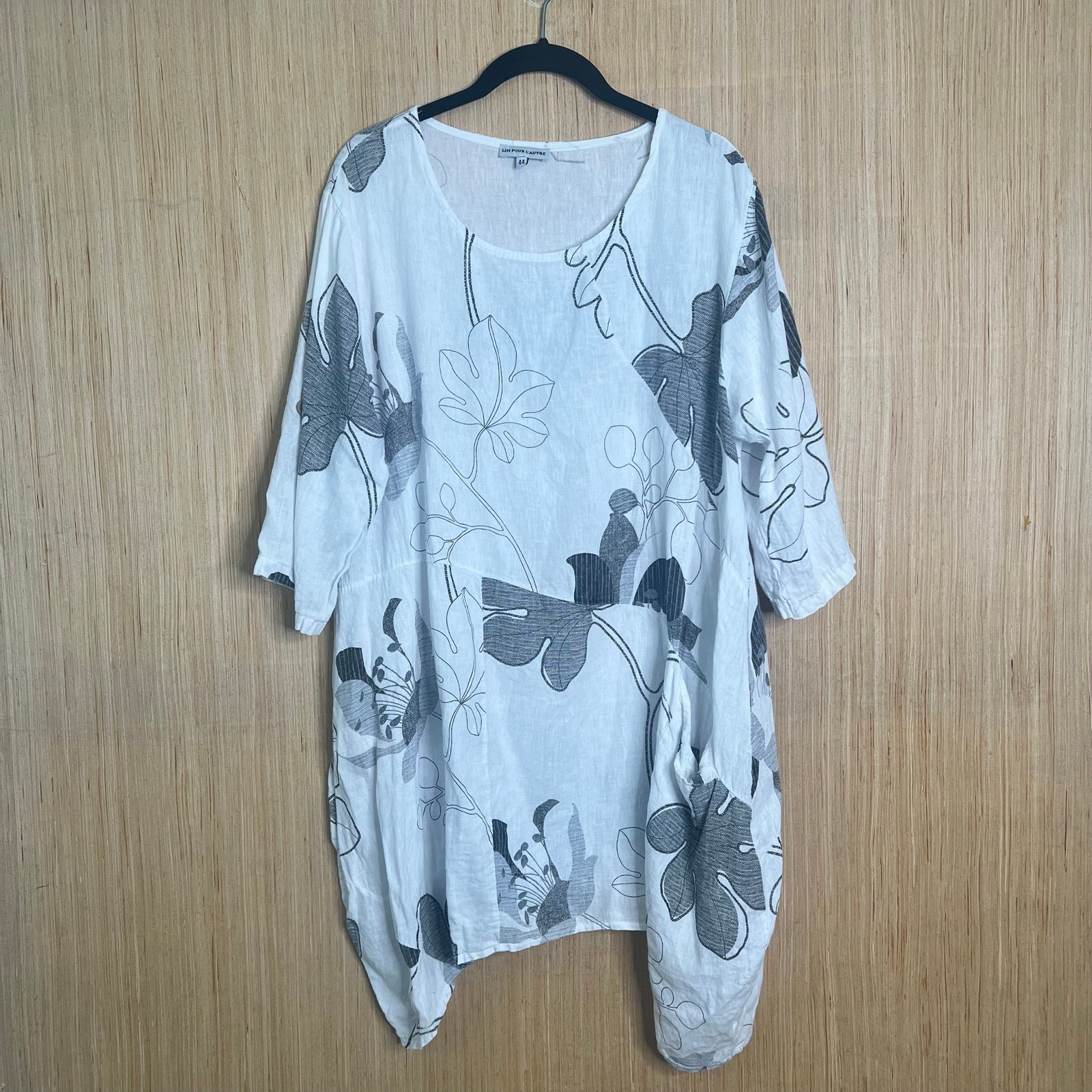 Lin Pour L’Autre 100% Linen Lagenlook Floral Print Tunic Top Layering Size 44 L