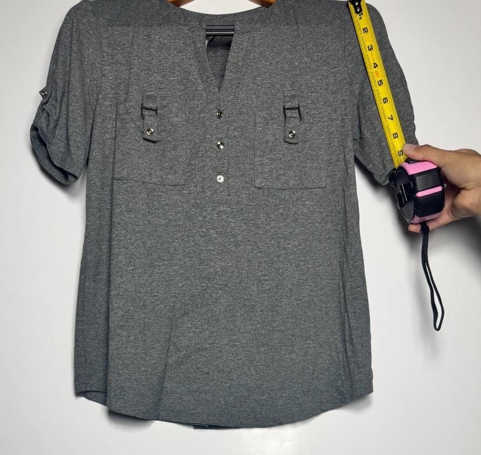 PerSeption Concept Blouse Top Womens Small Heather Gray Roll Tab Sleeves V Neck