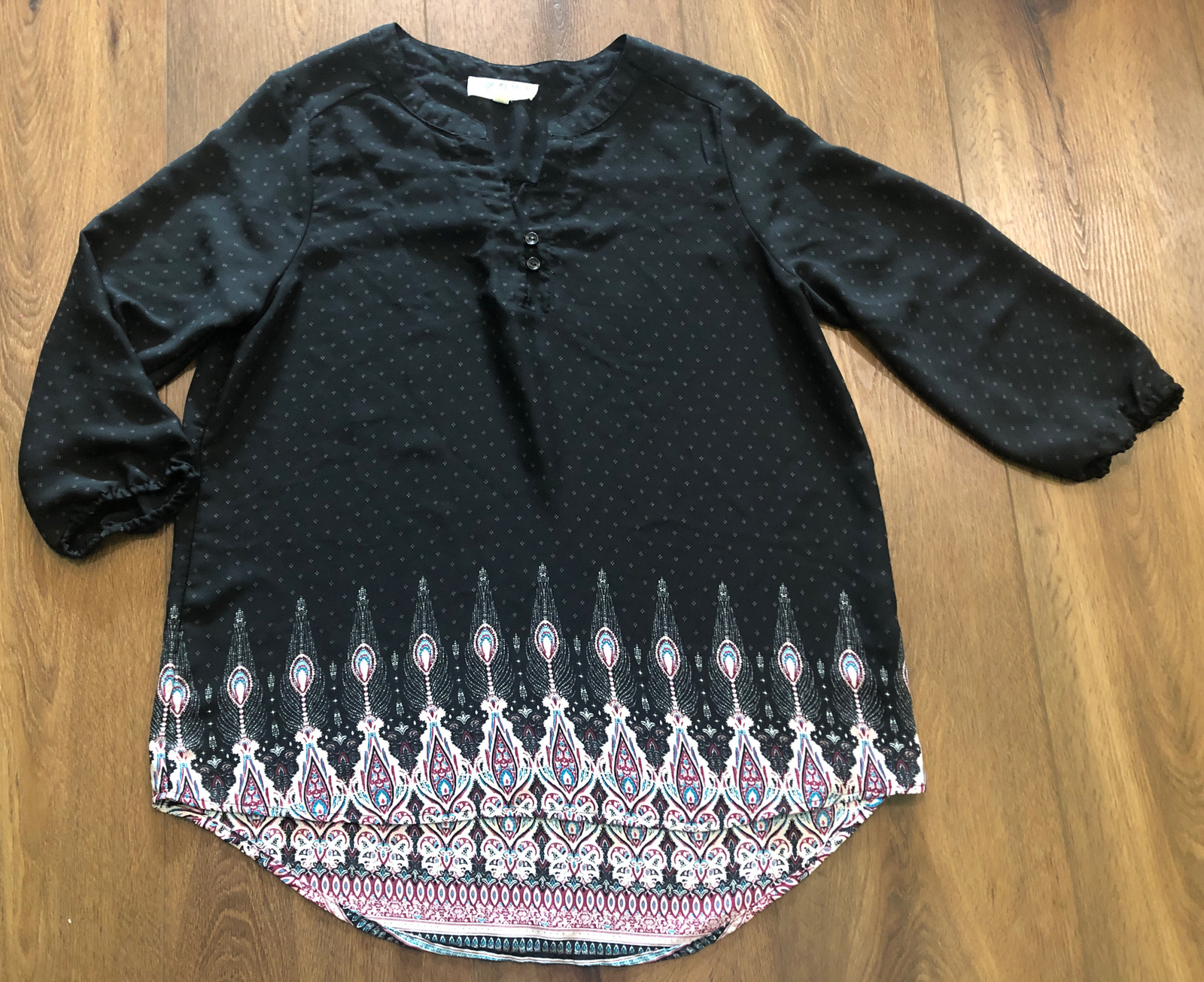 PINK ROSE Women’s Size XL 3/4 Sleeves Shirt Blouse Pink/Black/Blue-Green Dressy