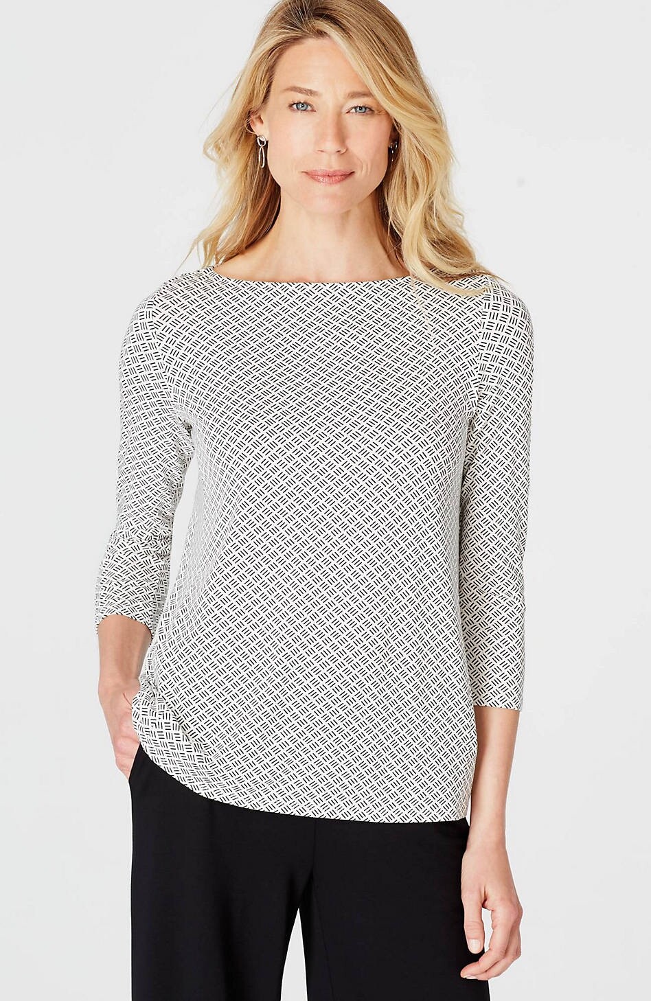 J.Jill ~ M ~ NEW Stylish Wearever Easy Top ~ Cream Dash Geo ~ NWT 1A2/1X7