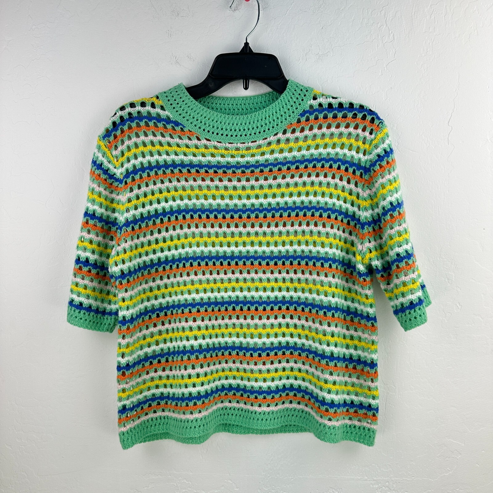 Miss Sparkling Crochet Top Womens M Green Blue Striped Short Sleeve Crew Neck