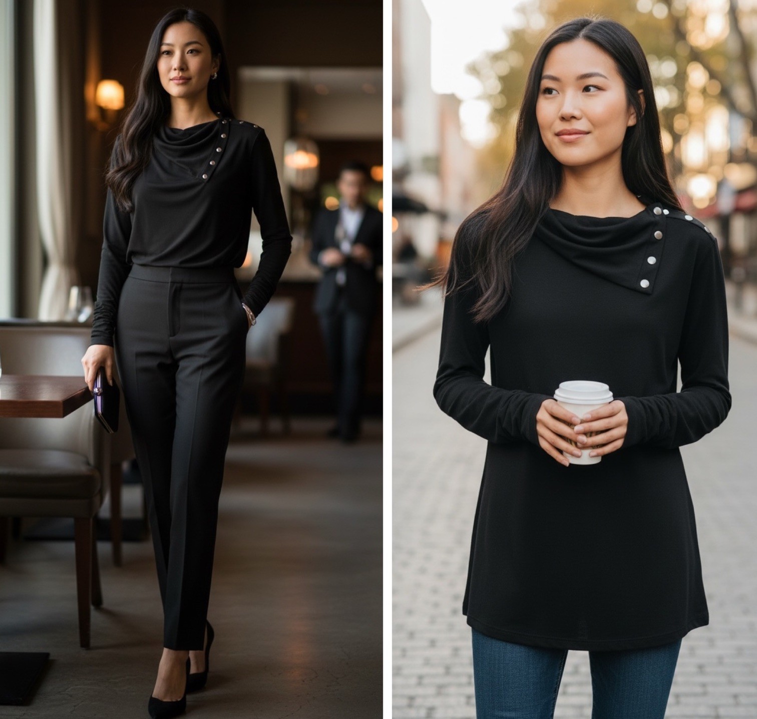 NWT DVF Diane Von Furstenberg Size L Black Turtle Top Snap Up Funnel Neck $125