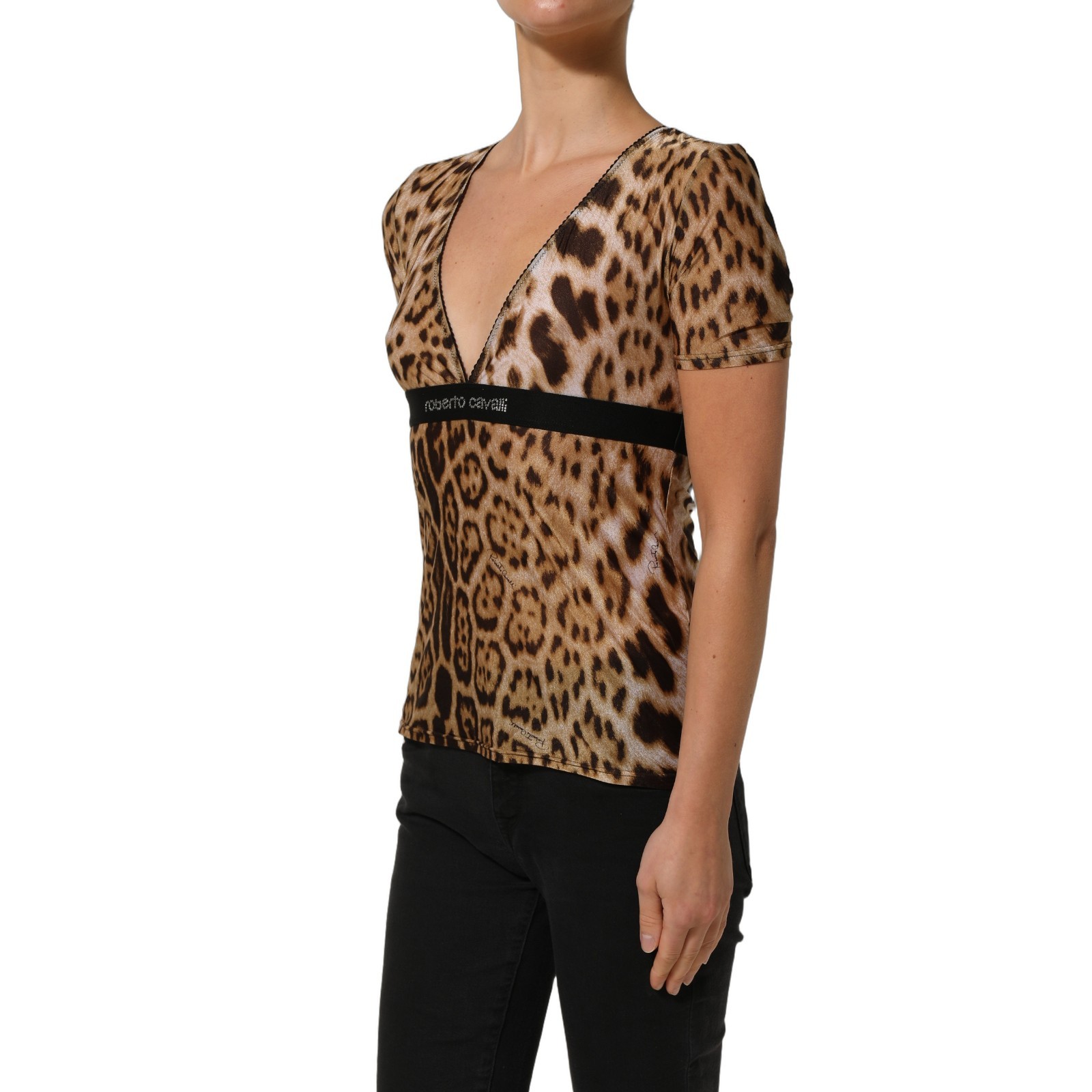 ROBERTO CAVALLI Top Brown Leopard Print Short Sleeves V-neck IT46/US12/XL 300usd
