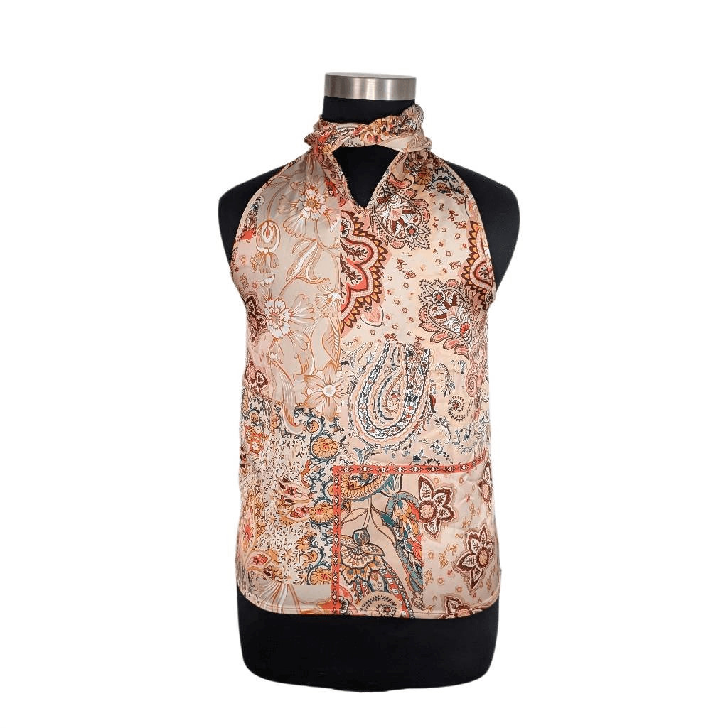 Rachel Zoe L Orange Paisley Tie Neck Top Sleeveless Satin 70s Retro Career Boho