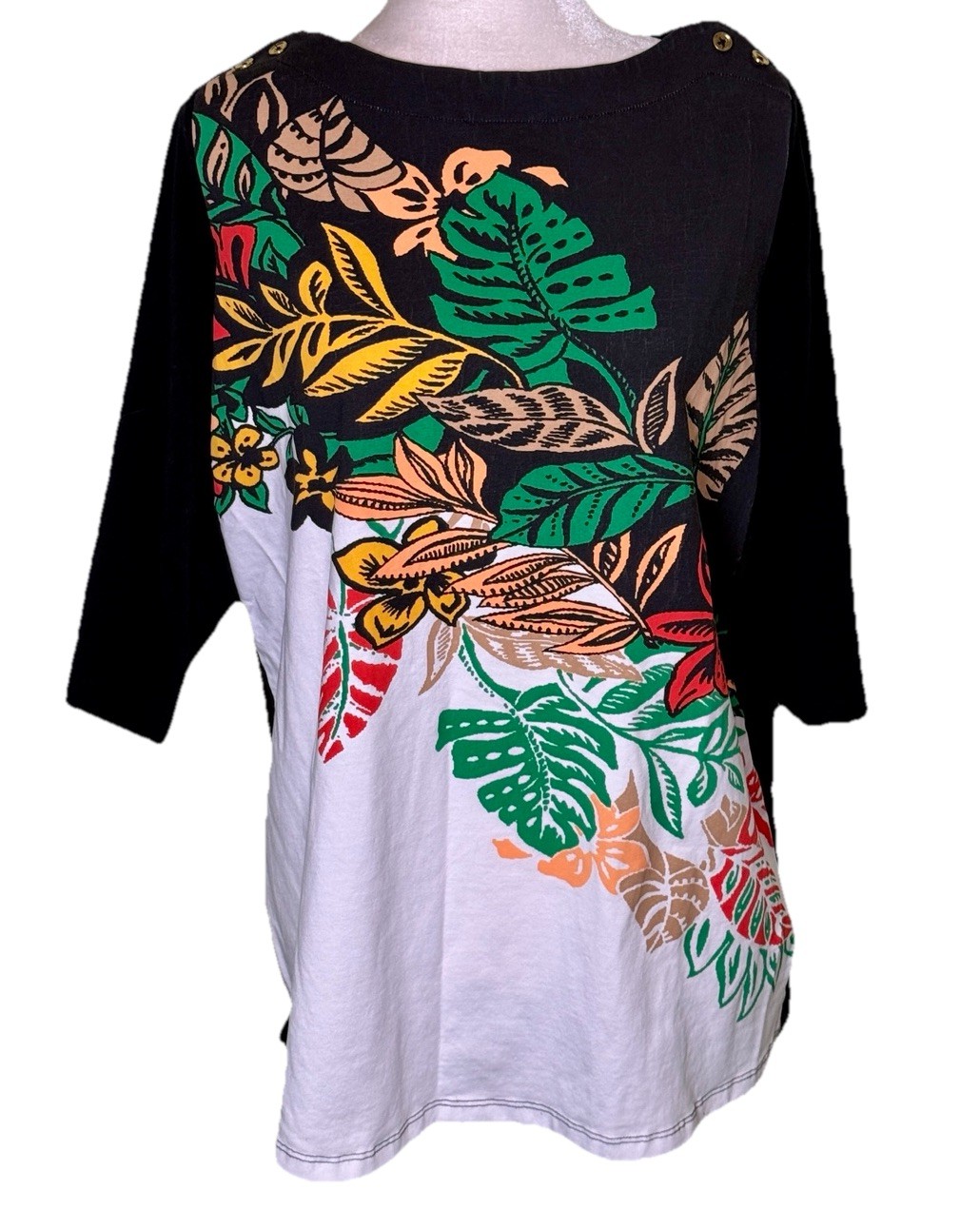 Women Tropical Leaf Print Top 3/4 Sleeve Boat Neck Island Resort Vacation Sz 12