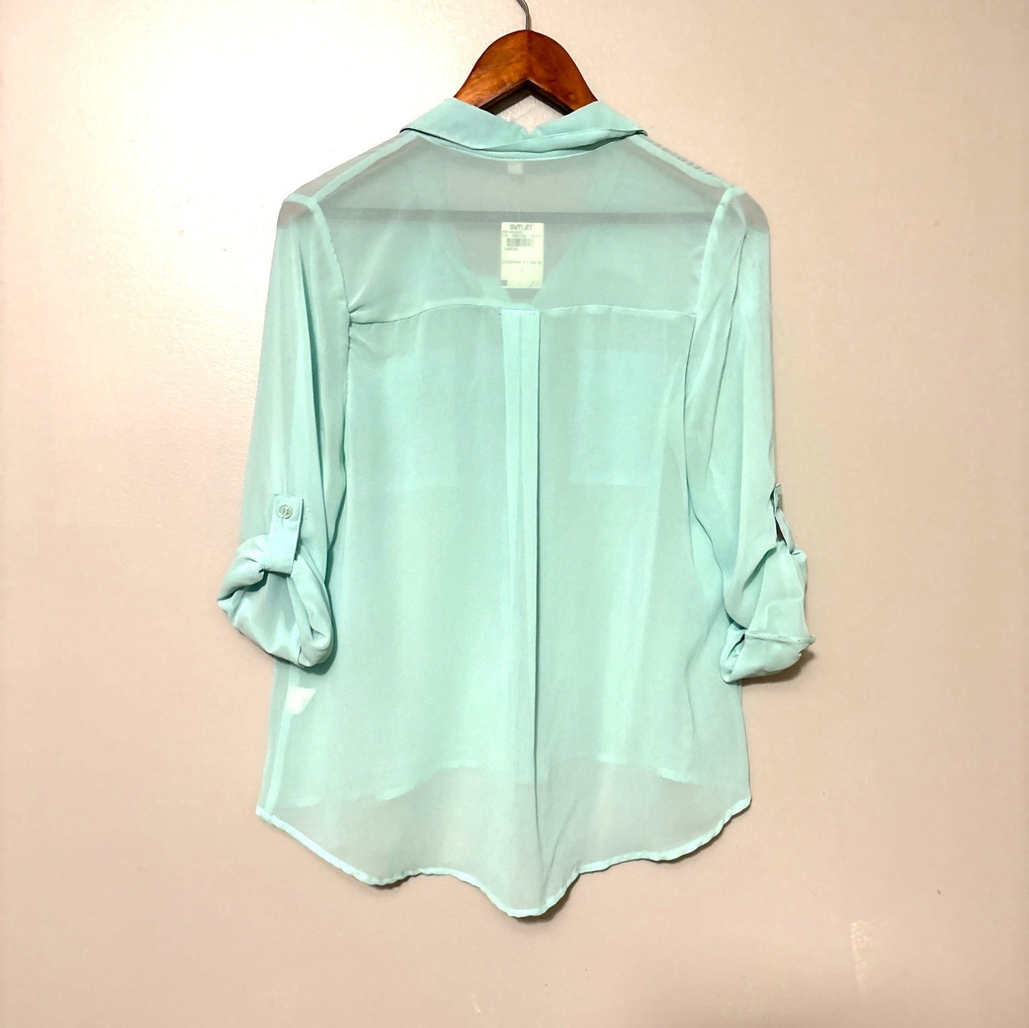 Y2K Light Aqua Sheer Button-Up Blouse Pockets & Roll-Up Sleeves By Pearl Size L