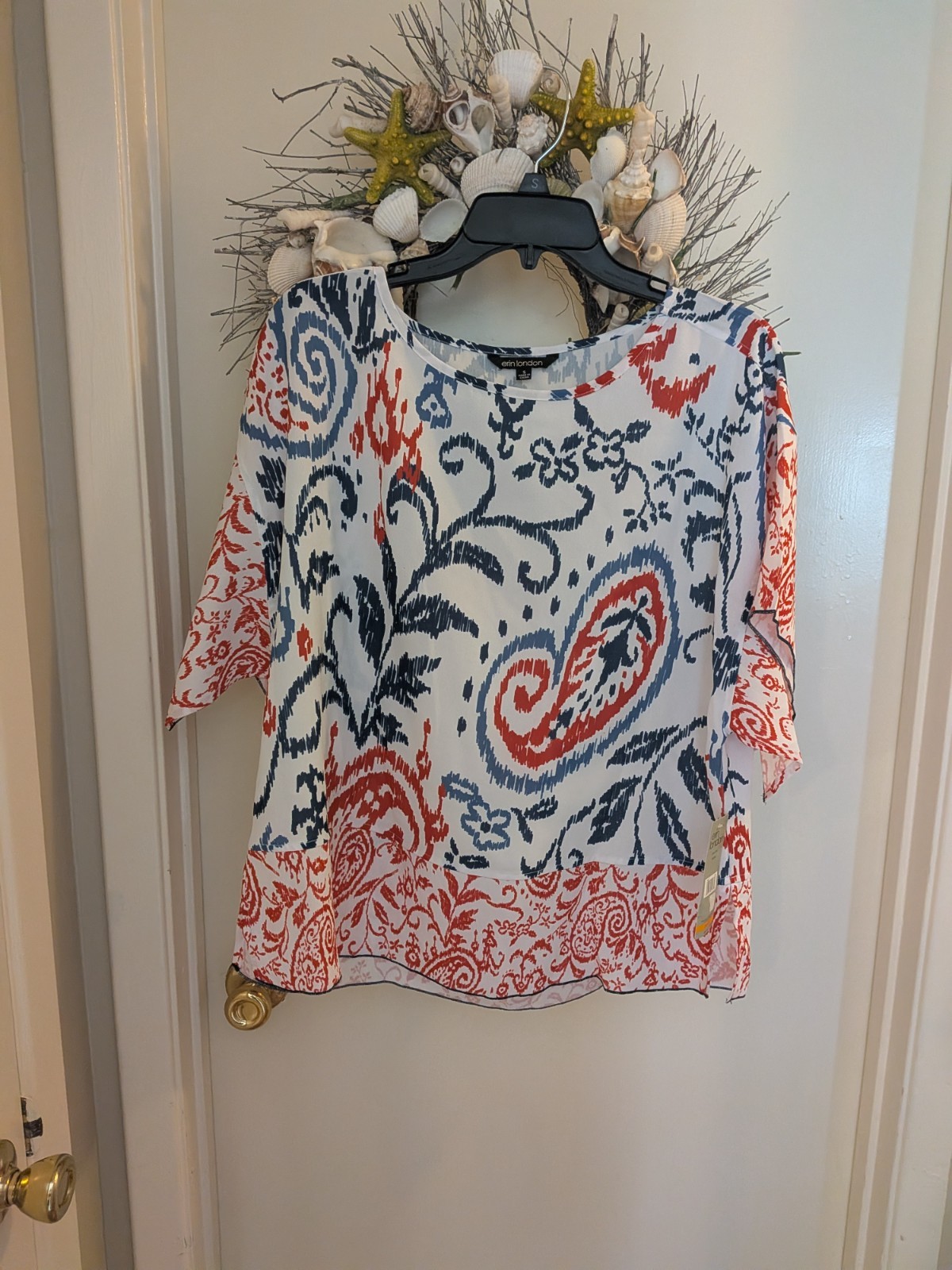 Erin London RELAXED R/W/B Print SS Slight Sheer Sz. S Blouse New w/Tags