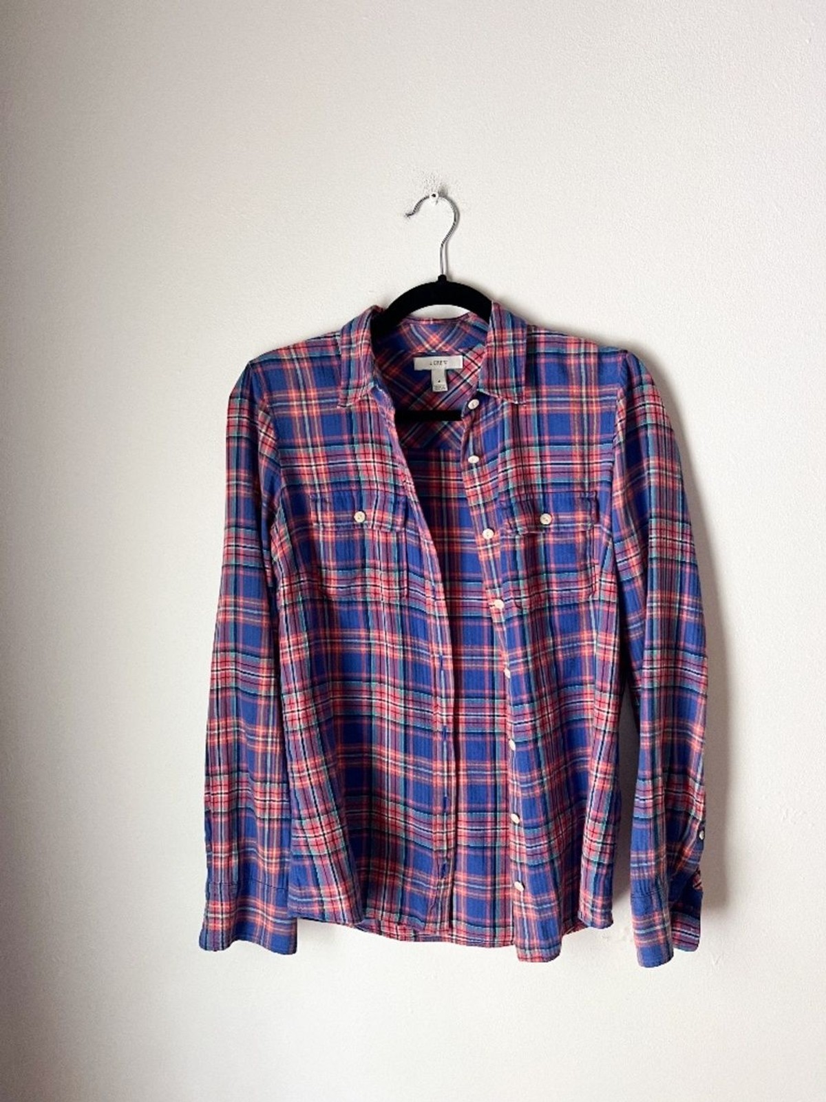 J.Crew Blue Plaid Button Front Shirt Women’s 4 Cotton Stretch Utility Plaid