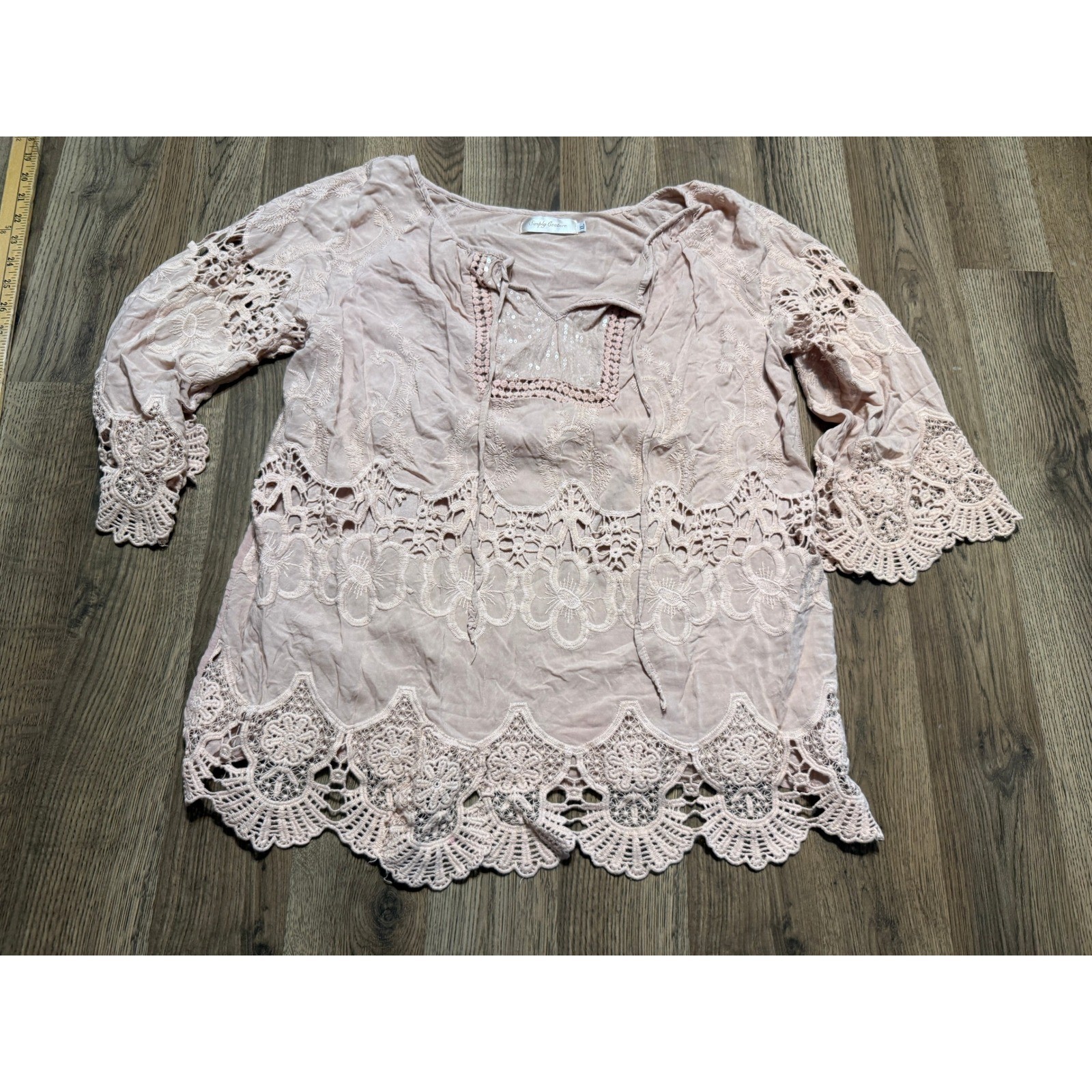 Simply Couture Shirts Womens Size XL Pink Crochet Lace Sequin Embroidered Boho