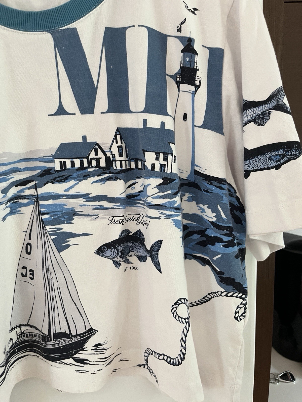 Anthropologie … Maeve Corey Cotton Cropped Fresh Fish Caught Daily T-Shirt…Sz XL