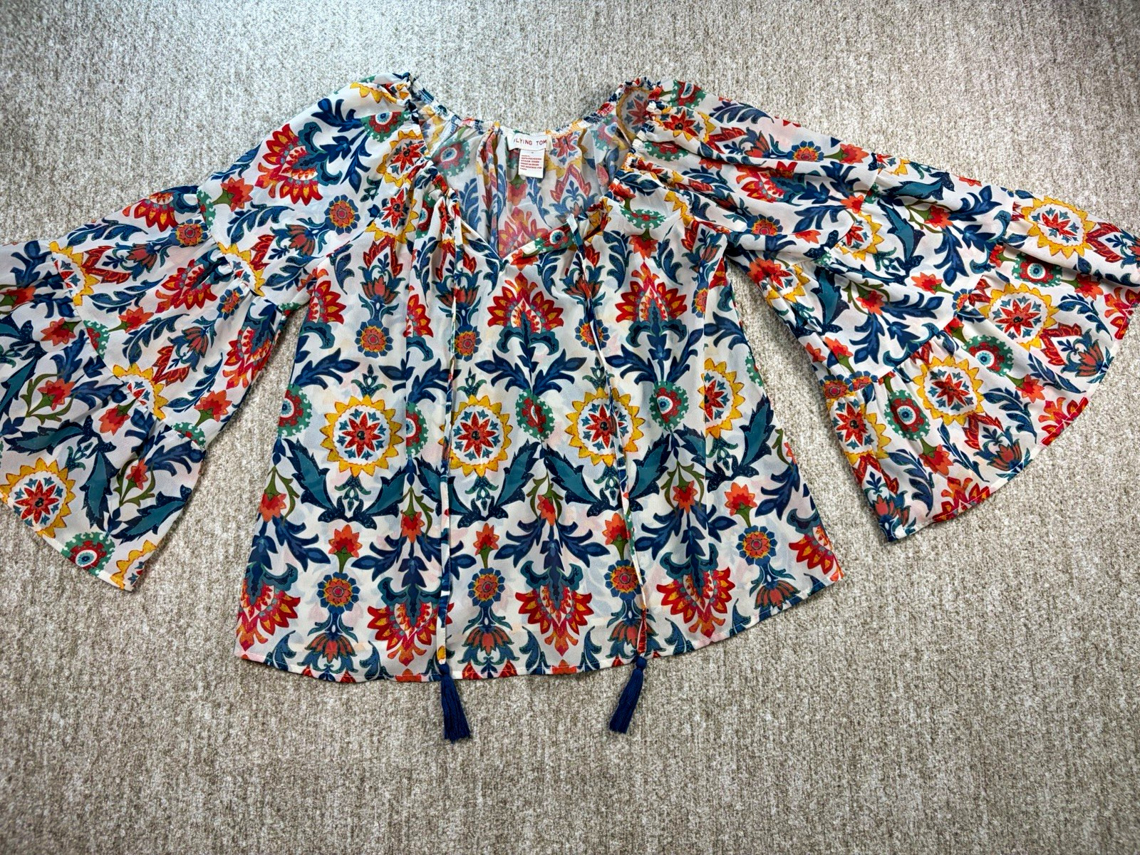 Flying Tomato Multicolor Floral Chiffon Tie V-Neck Bell Sleeve Women’s Blouse S
