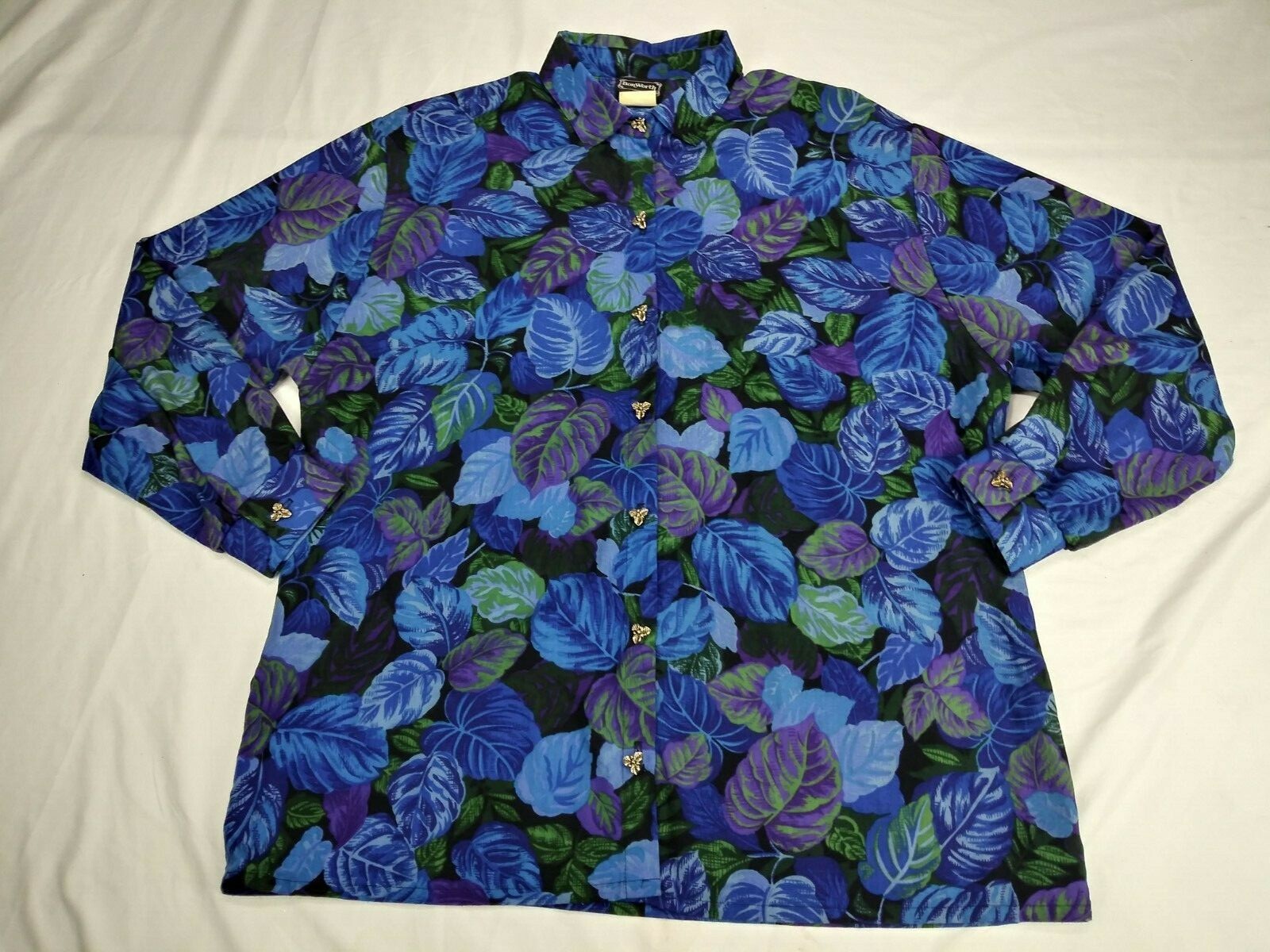 True 80s/90s VTG BonWorth Blue Purple Green leaf print button up shirt unisex