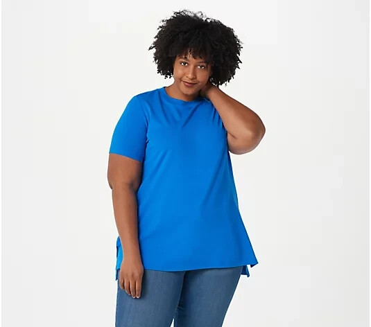 Isaac Mizrahi Live! Crew-Neck Hi-Low Hem Knit Top-Lagoon Blue-Medium-NEW-A392617