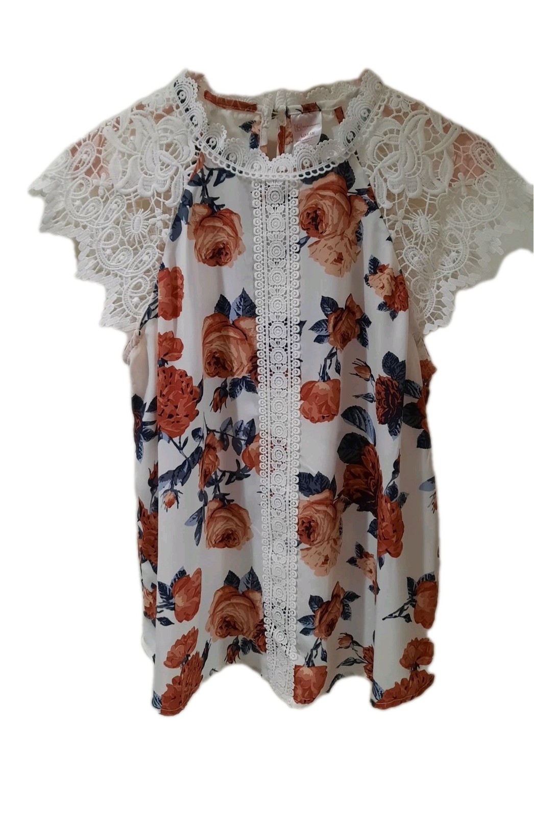 No boundaries Floral Lace Blouse Size Large White Blue Multi Summer Beach Nice