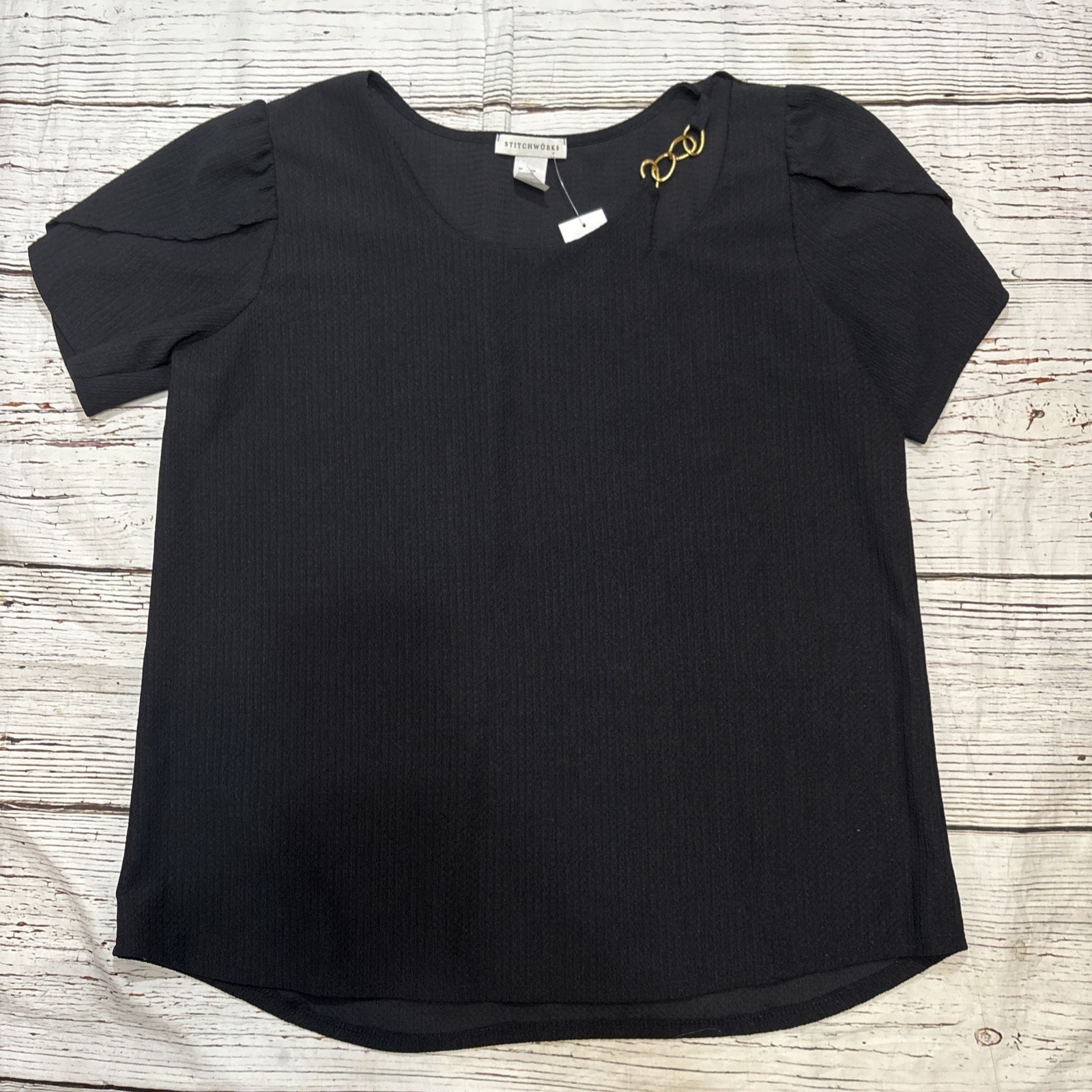 Stitchworks Black Gold Chain Blouse Women’s Short Sleeves Pullover Top NEW