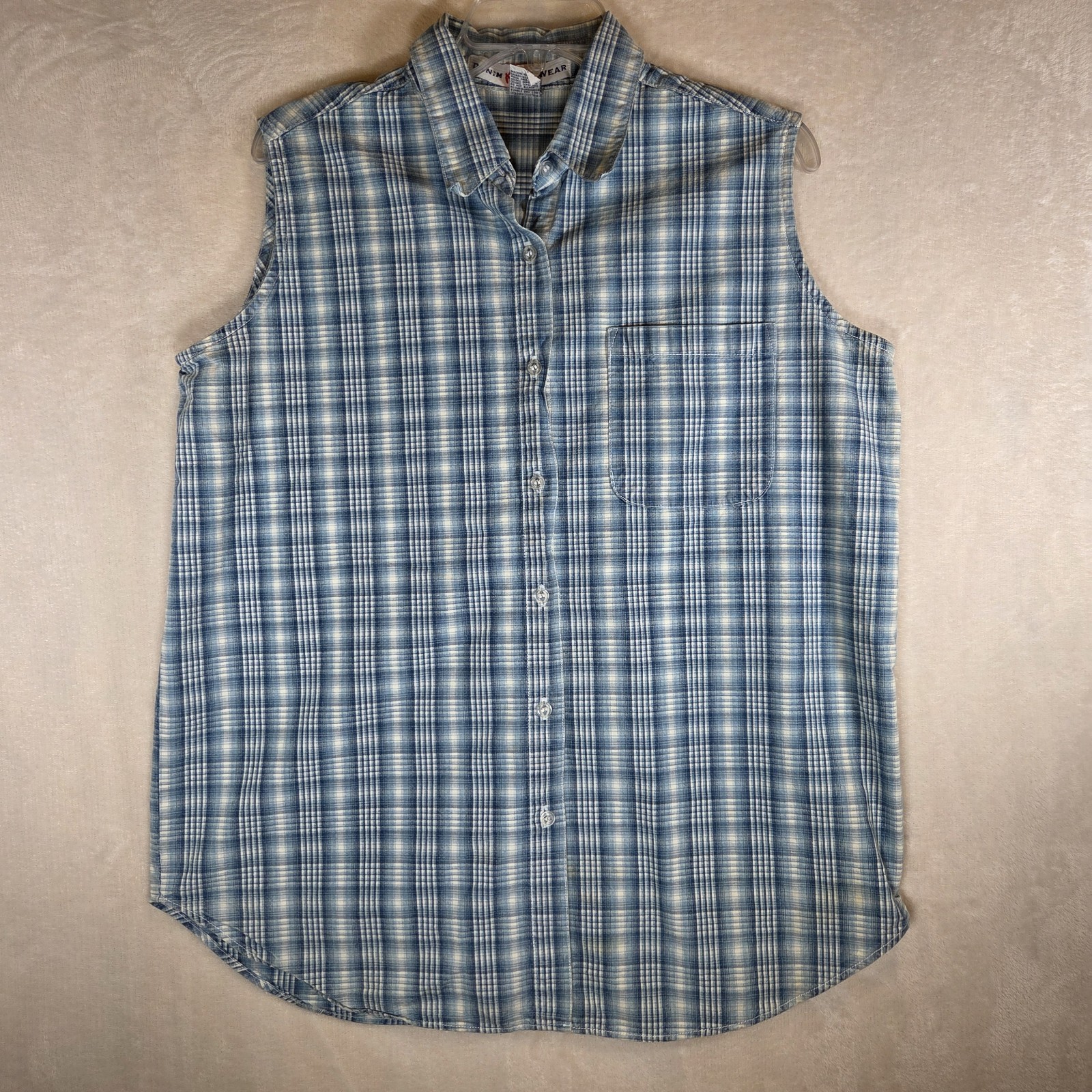 Kikomo Denim Wear Sleeveless Shirt Womens L Blue Plaid Country Western Cowgirl