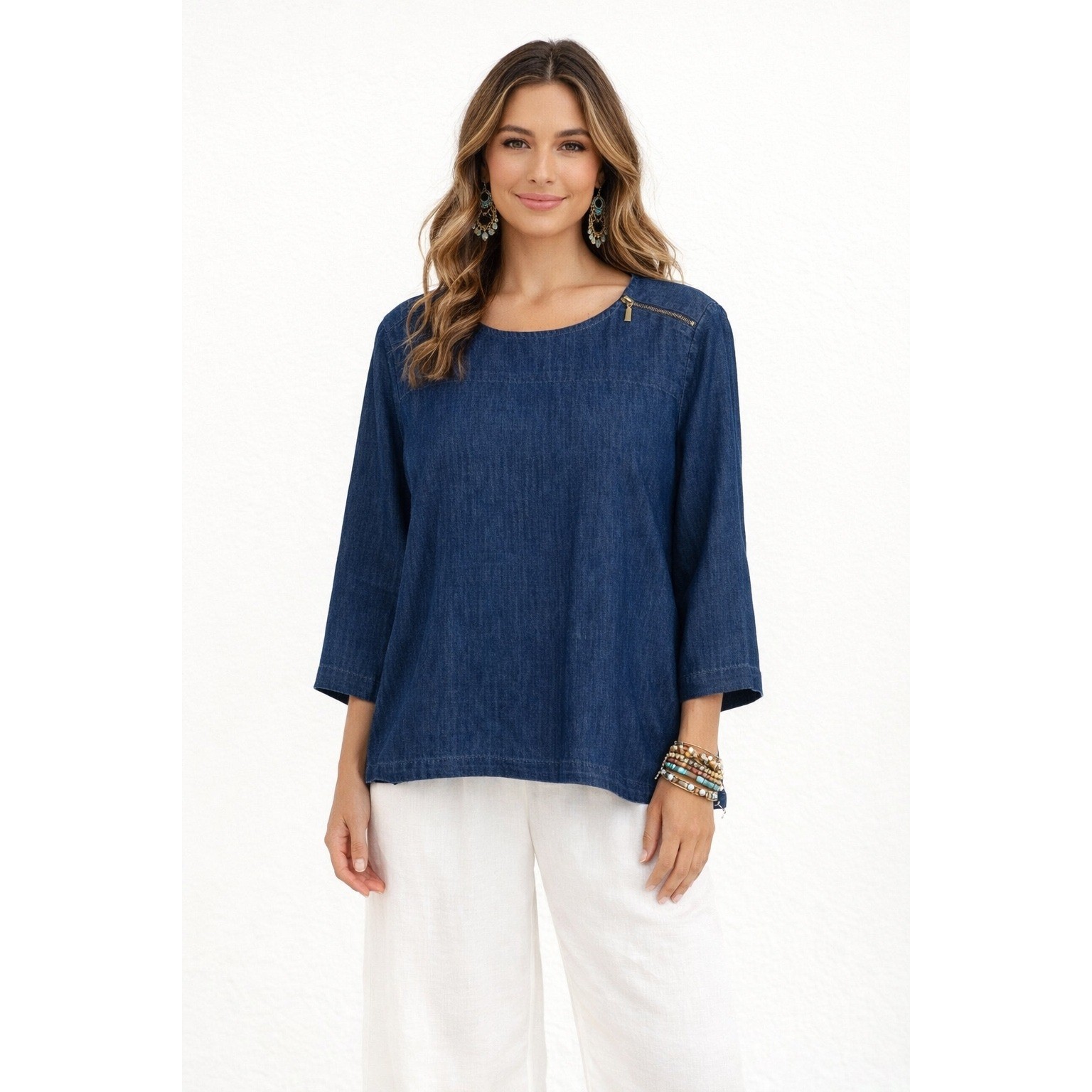 Martha Stewart Denim Chambray Blouse Size L Gold Zip 3/4 Sleeve Boho Chic Top