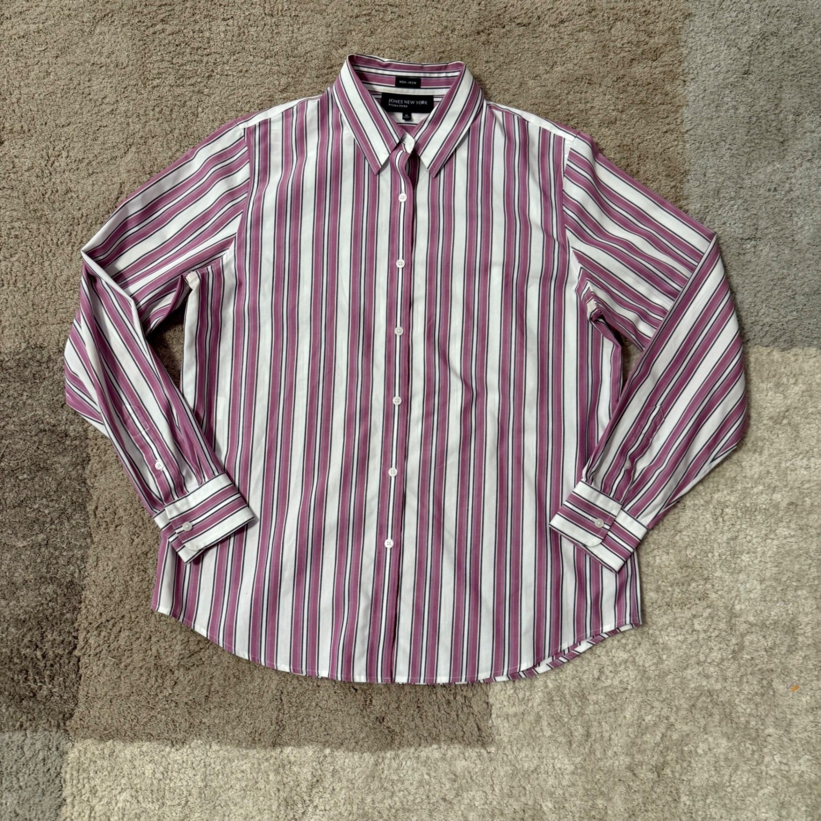 Jones New York Signature Non-Iron Striped Button Up Shirt Plum White M