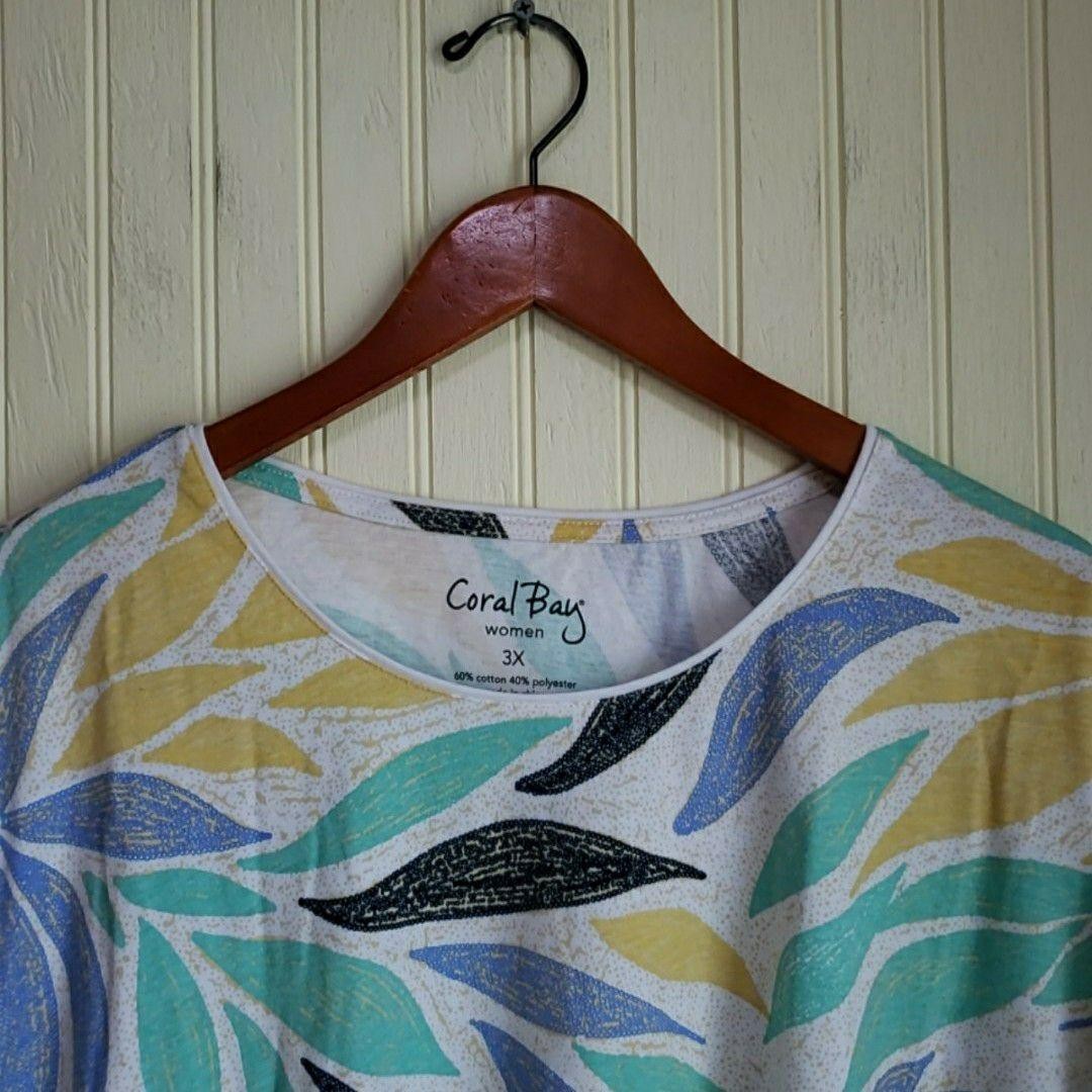 Coral Bay Shirt Womens Plus 3X Multicolor Crew Neck Short Sleeve Leaf Top