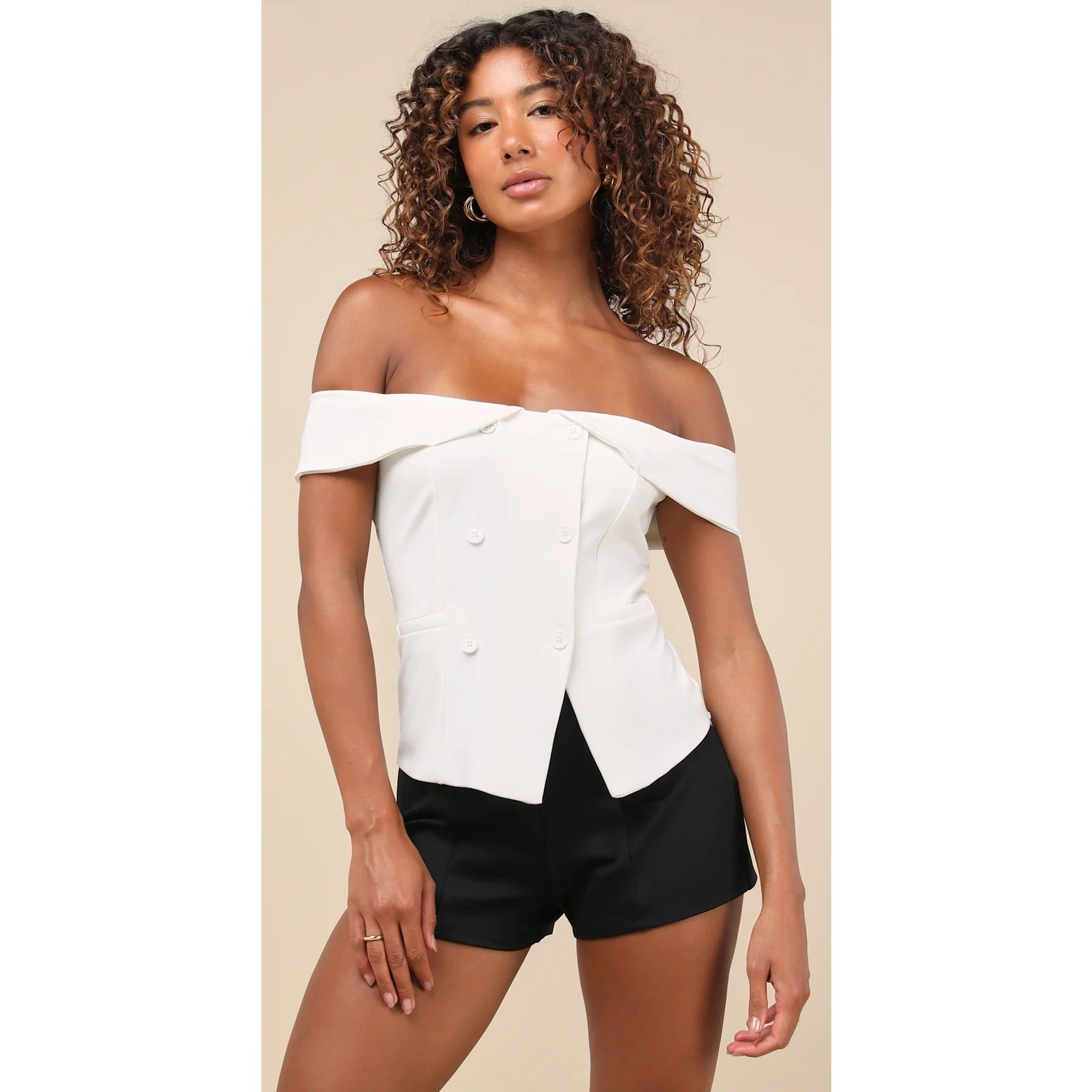 Lulus Vest Top Womens M Ivory Poised Mindset Off the Shoulder Button Front NWT