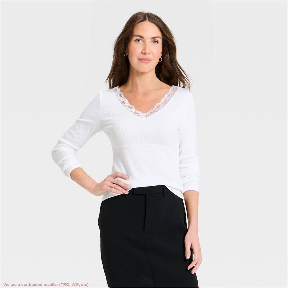 Women’s Lace Trim V-Neck Ribbed Top – A New Day White XL *SEE DEAL!!!*